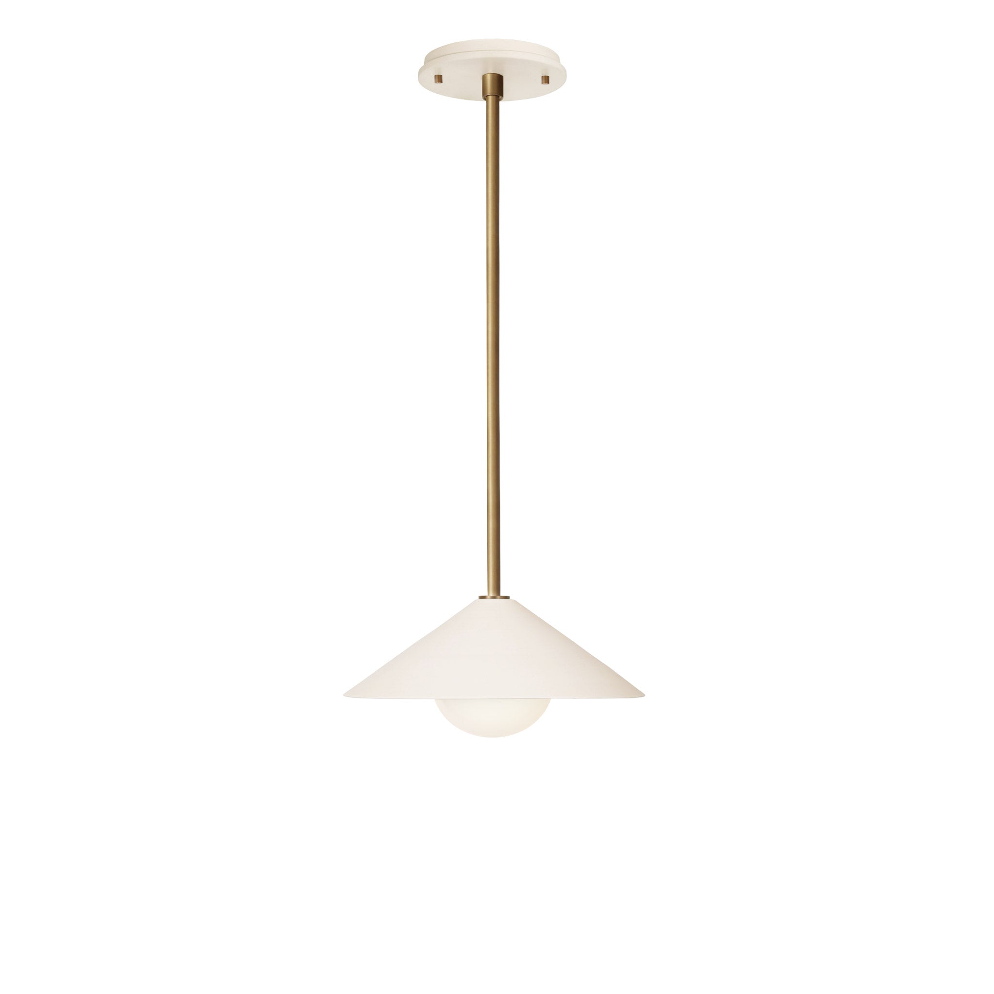 Elvia Pendant shown in Heirloom Brass with a Bone Ceramic canopy