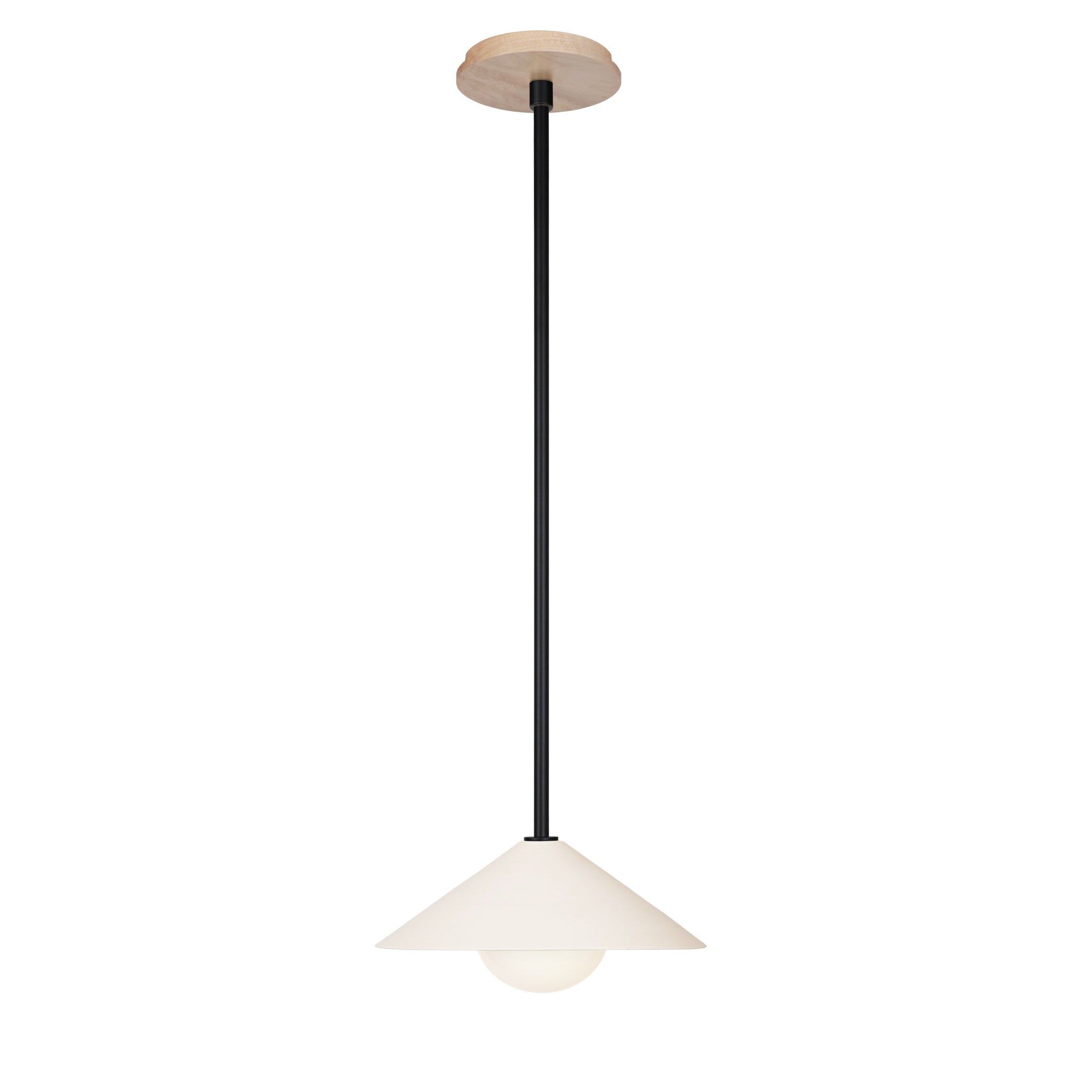 Elvia Pendant shown in Matte Black and a Maple Wood canopy