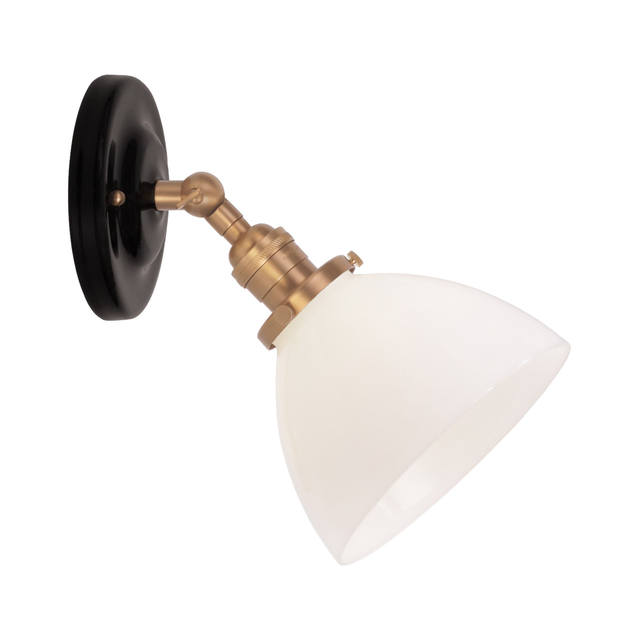 Grace Flush Sconce shown in Heirloom Brass with a Gloss Black Ceramic canopy and Opal Glass shade