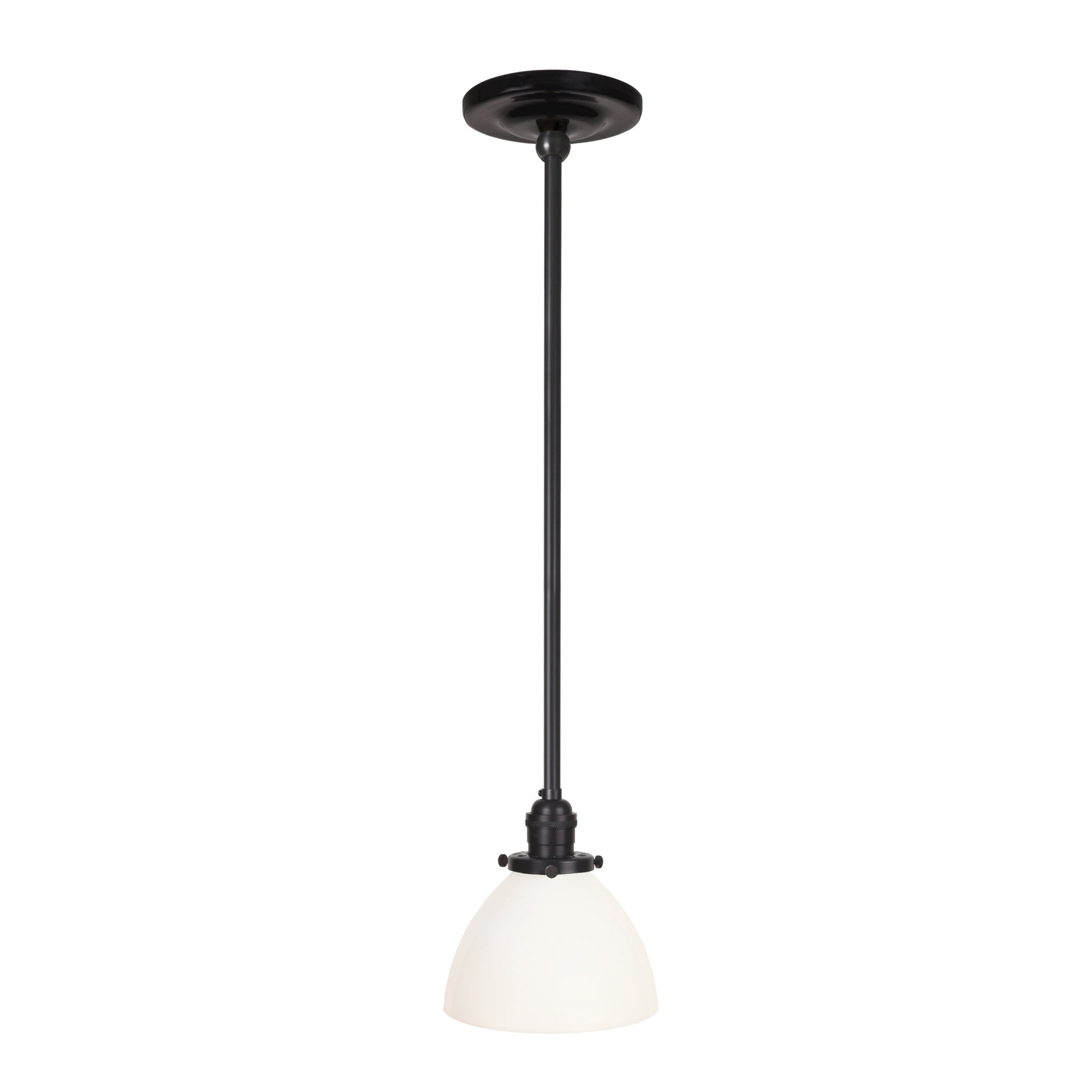 Grace Rod Pendant shown in Graphite Patina with a Gloss Black Ceramic canopy
