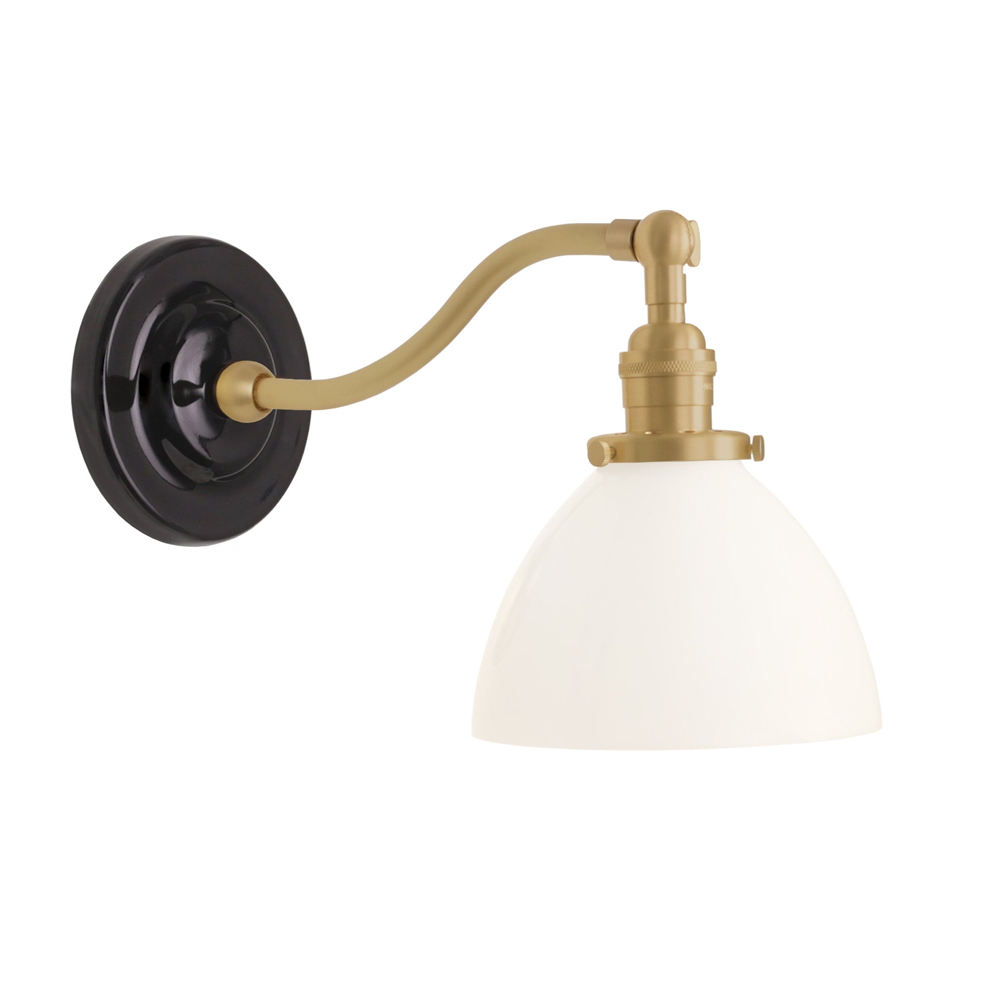 Grace Sconce shown in Brass with a Gloss Black Ceramic canopy and an Opal Glass shade