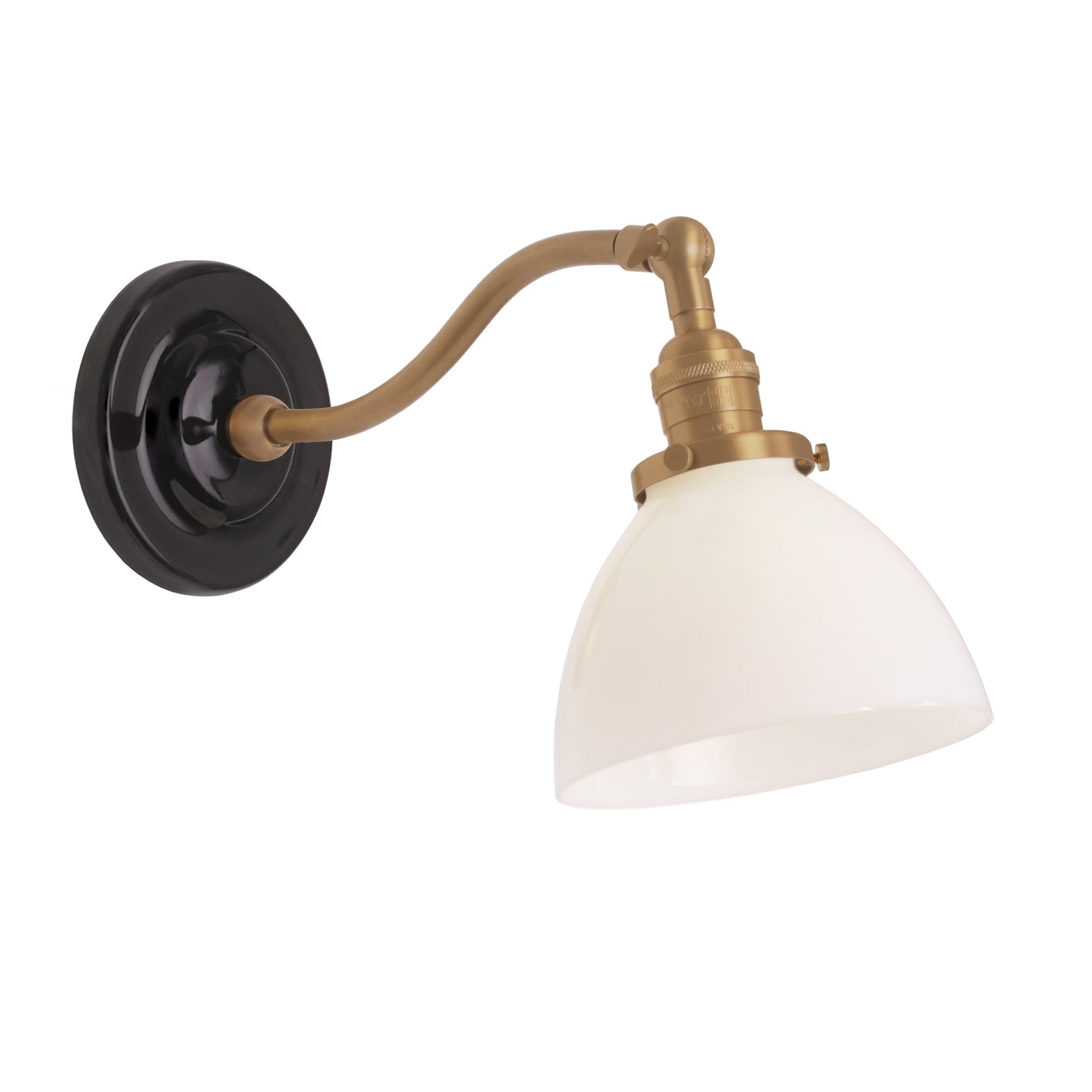 Grace Sconce shown in Heirloom Brass with a Gloss Black Ceramic canopy and Opal Glass shade