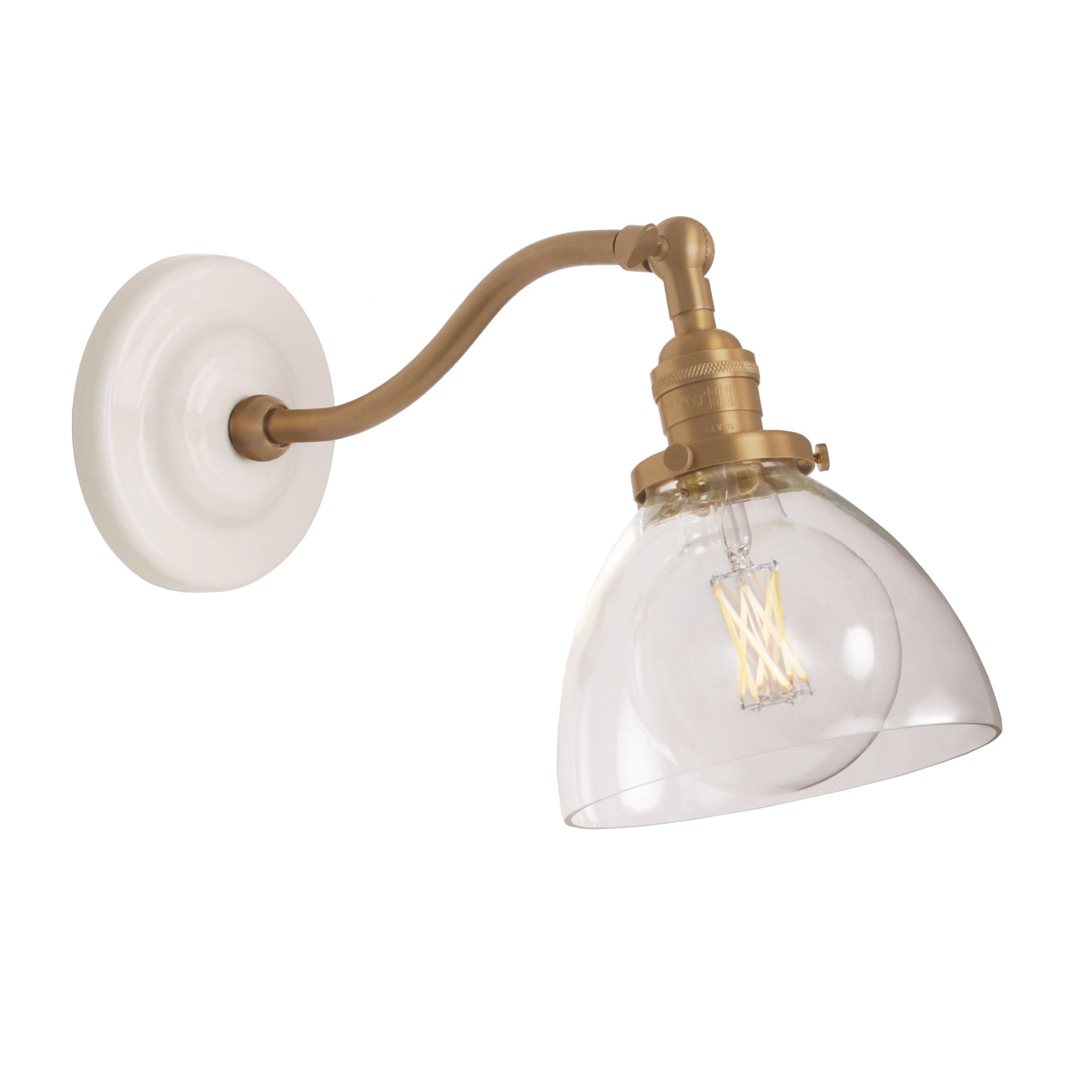 Grace Sconce shown in Heirloom Brass with a Gloss White Ceramic canopy and Clear Glass shade