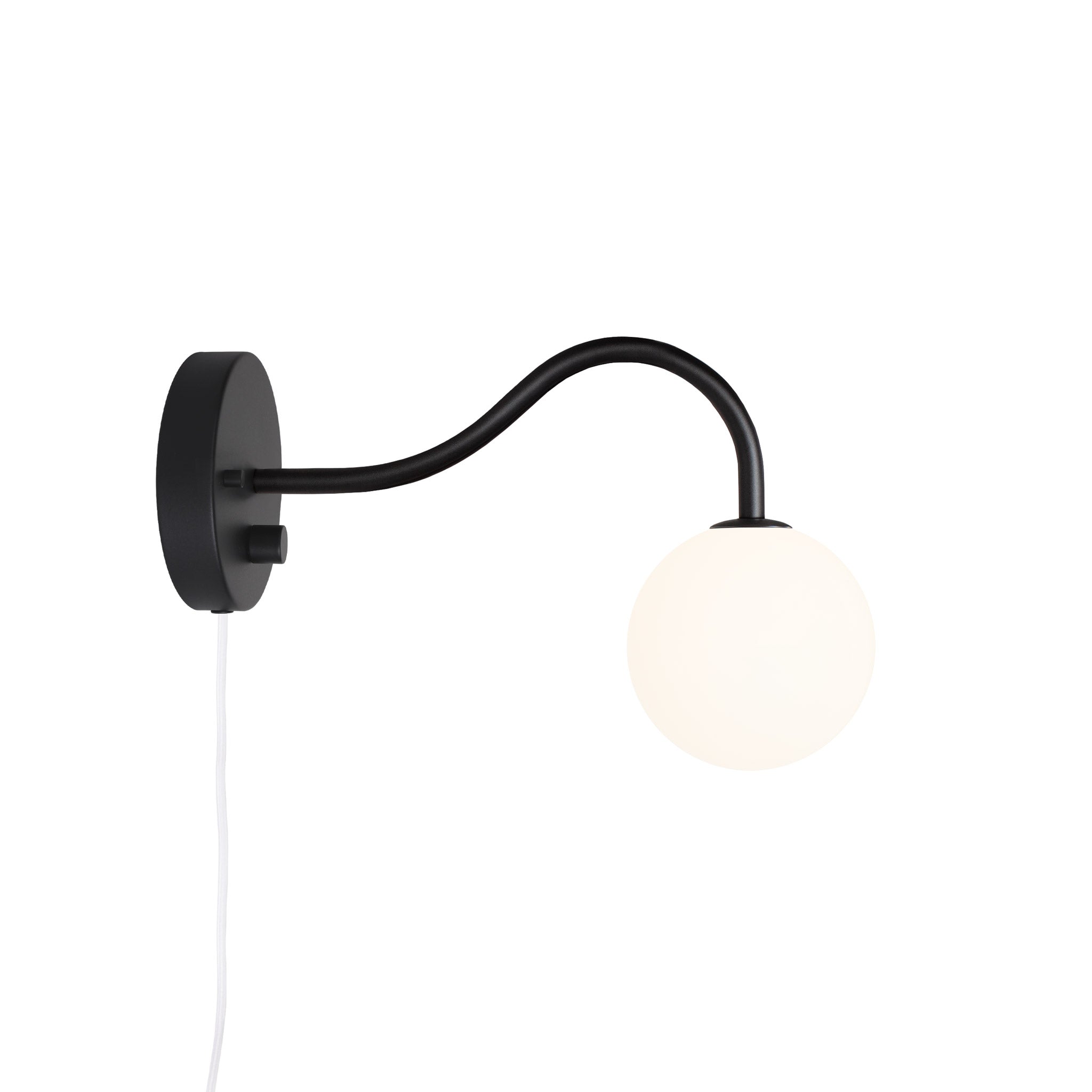 Josephine Petite Sconce shown in Matte Black with a Backplate Dimmer Switch and White Cord