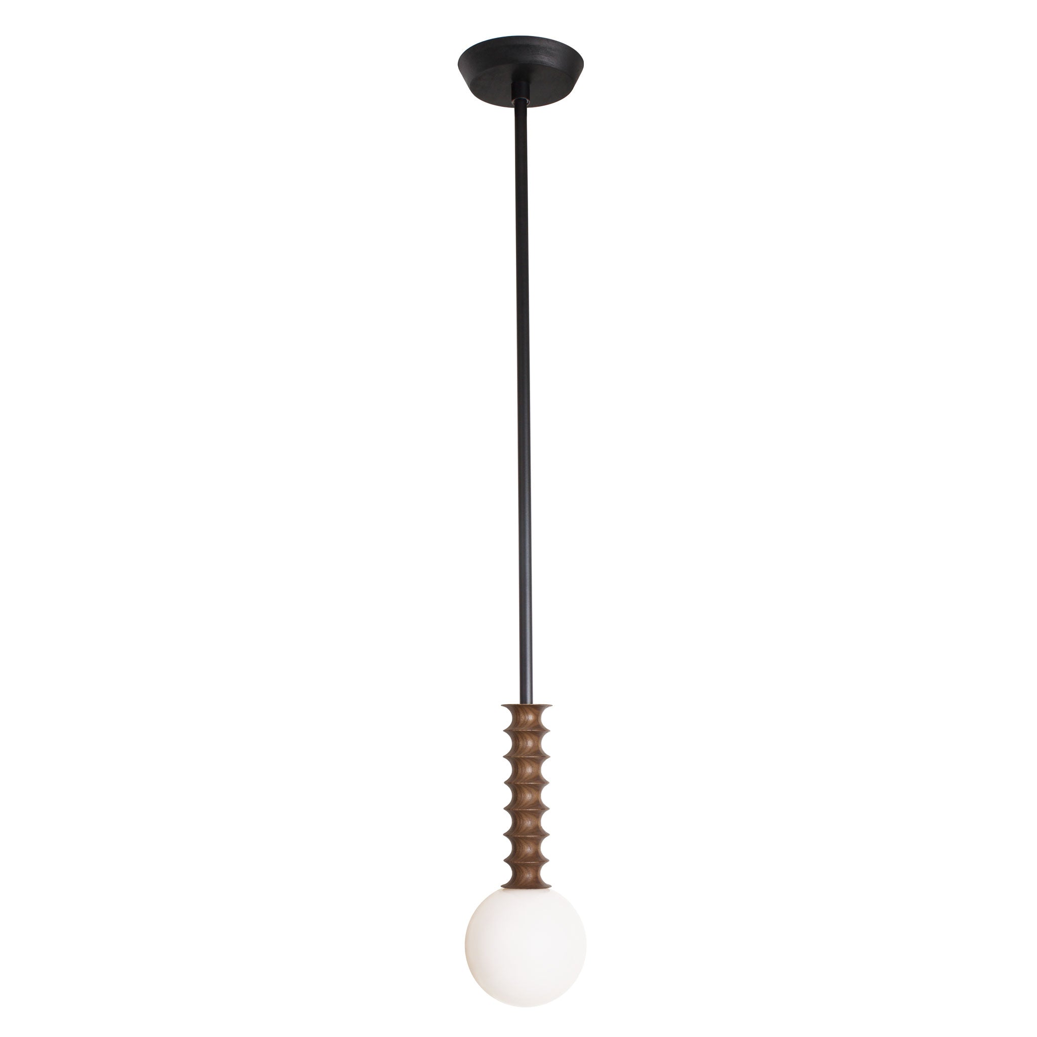 Joslyn Pendant shown in Walnut with Matte Black and a Black Stained canopy