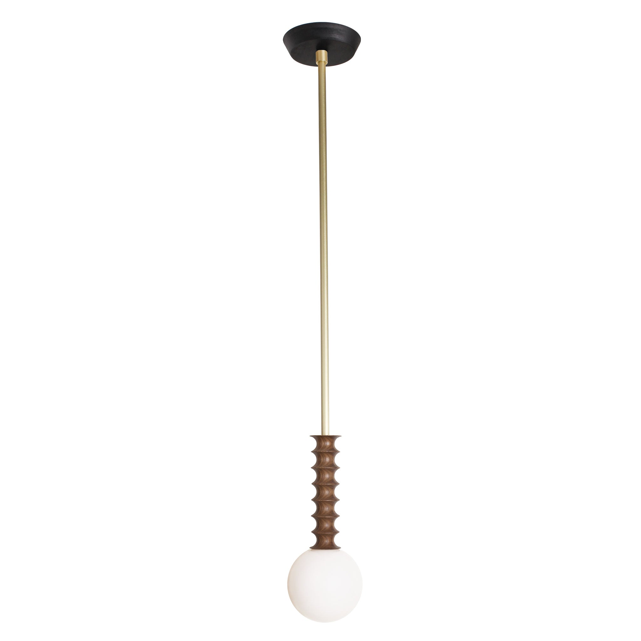 Joslyn Pendant shown in Walnut with Brass and a Black Stained canopy