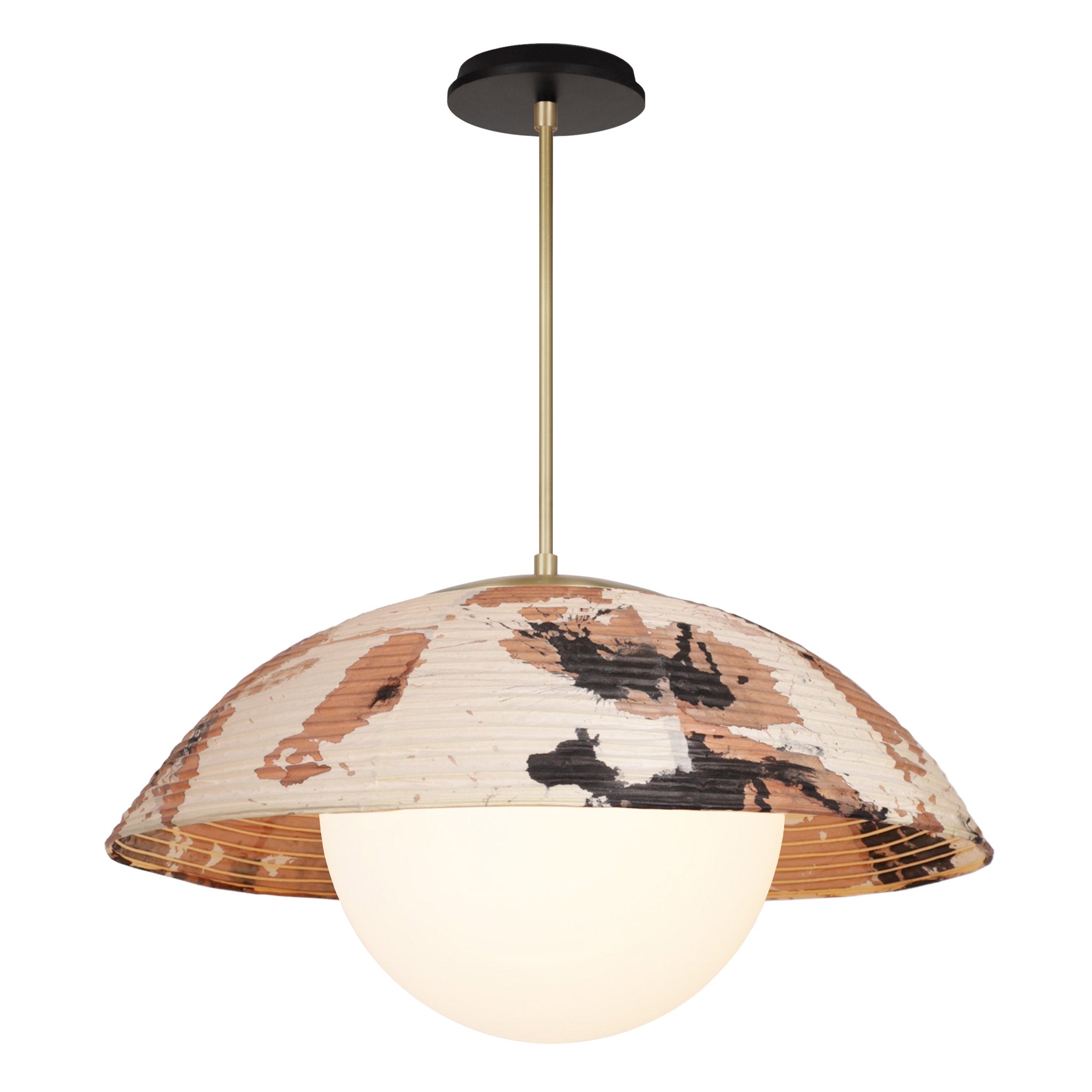 Maru Pendant with a Kakishibu Shade shown in Brass with a Black Stained Wood canopy