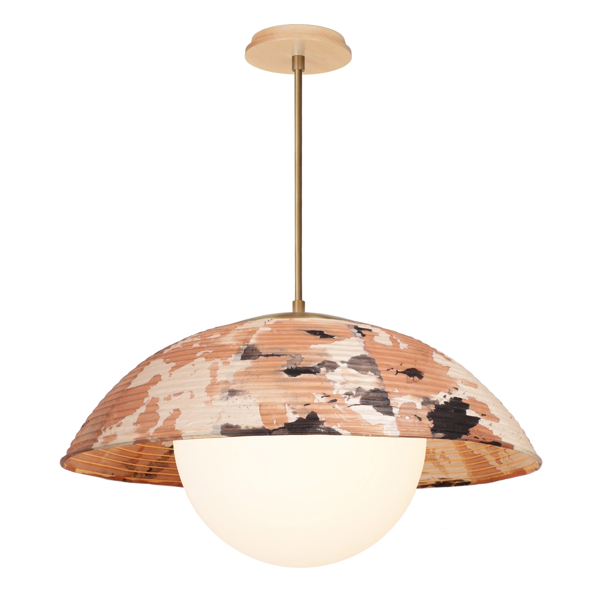Maru Pendant with a Kakishibu Shade shown in Heirloom Brass with a Maple Wood canopy