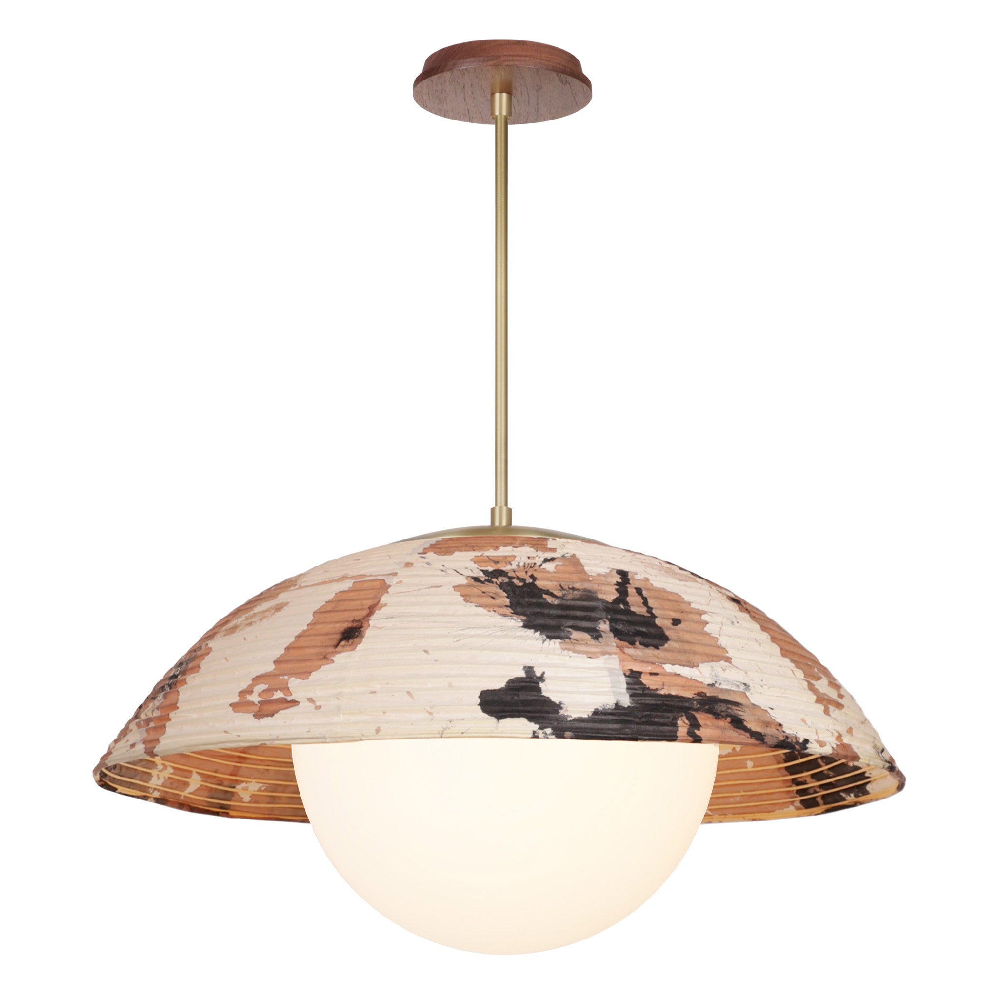 Maru Pendant with a Kakishibu Shade shown in Brass with a Walnut Wood canopy