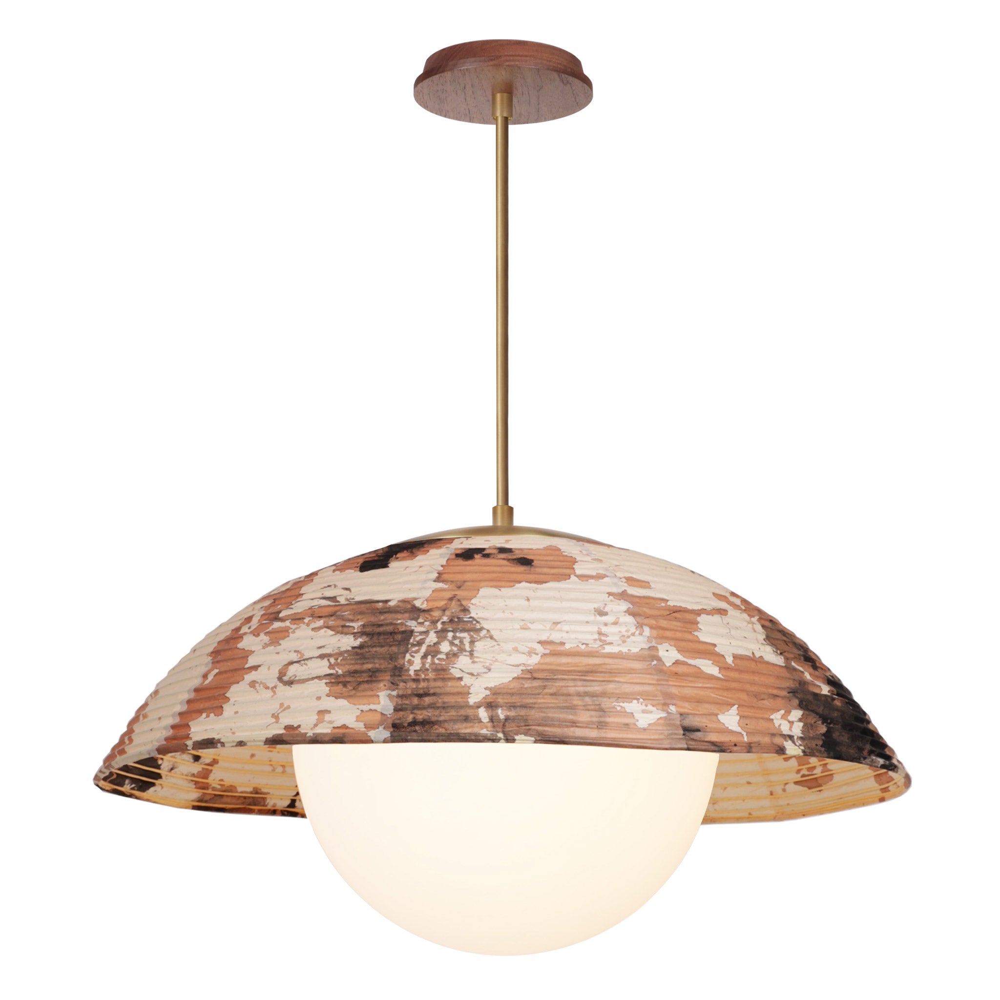 Maru Pendant with a Kakishibu Shade shown in Heirloom Brass with a Walnut Wood canopy