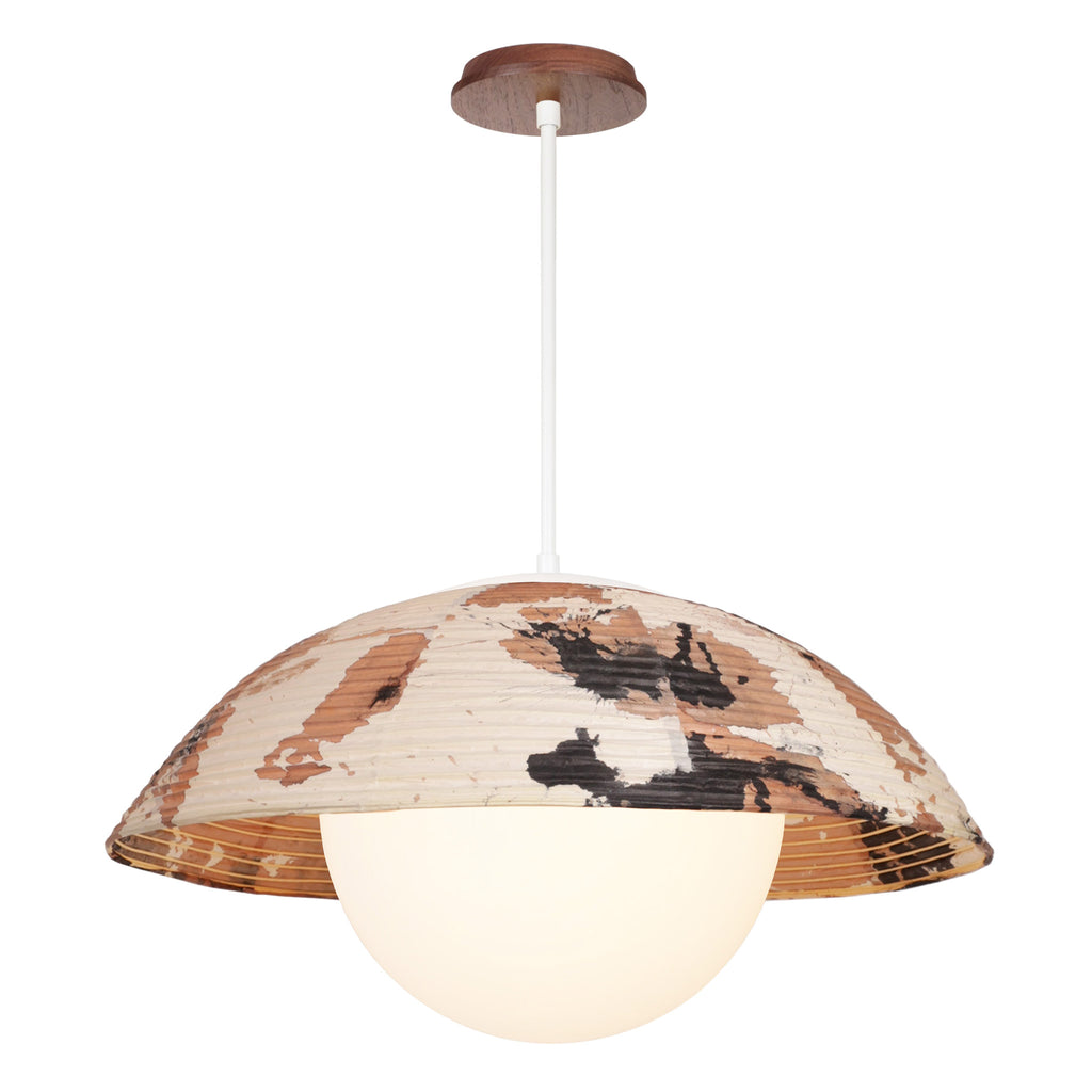 Maru Pendant with a Kakishibu Shade shown in White  with a Walnut Wood canopy