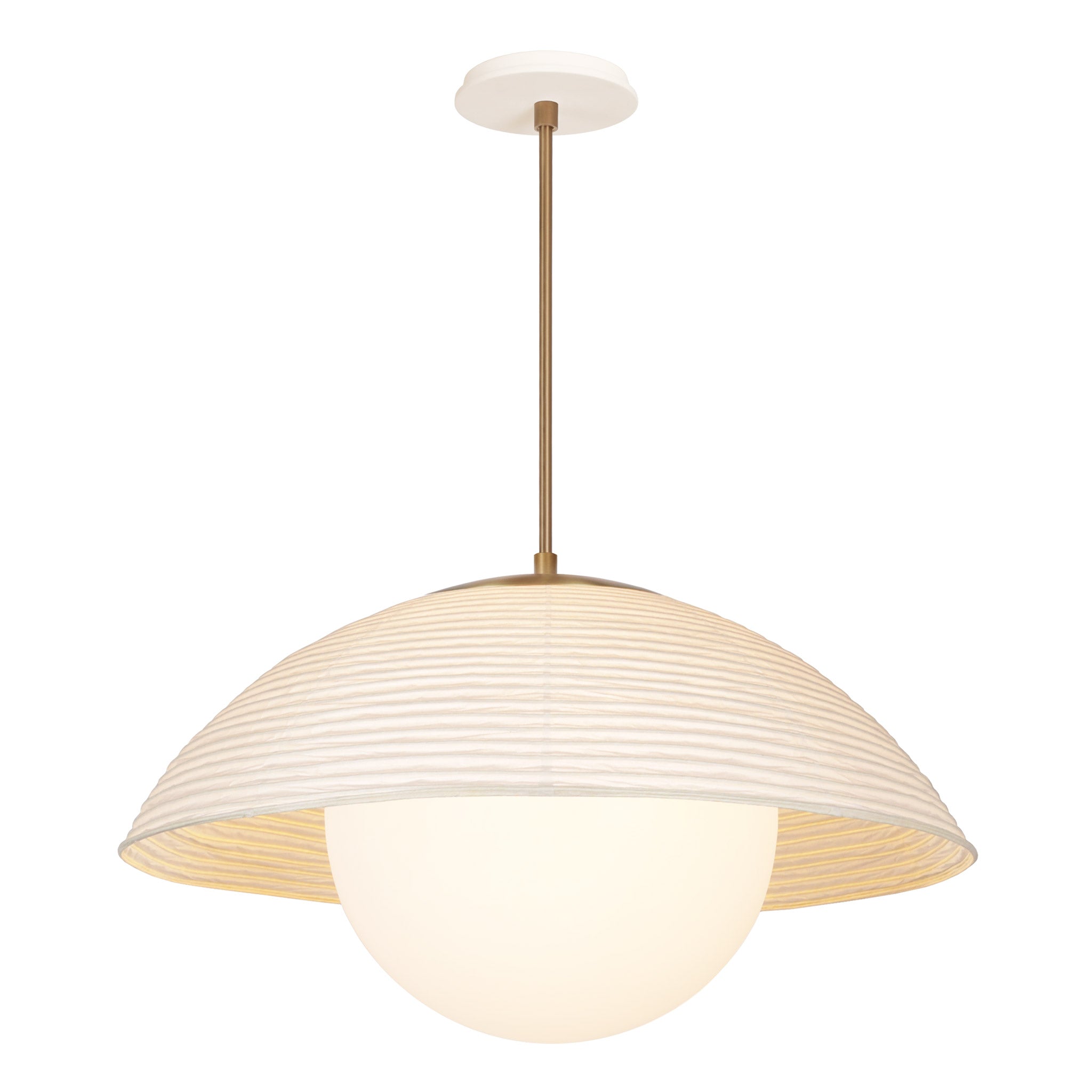 Maru Pendant with a Natural shade shown in Heirloom Brass with a Bone Ceramic canopy