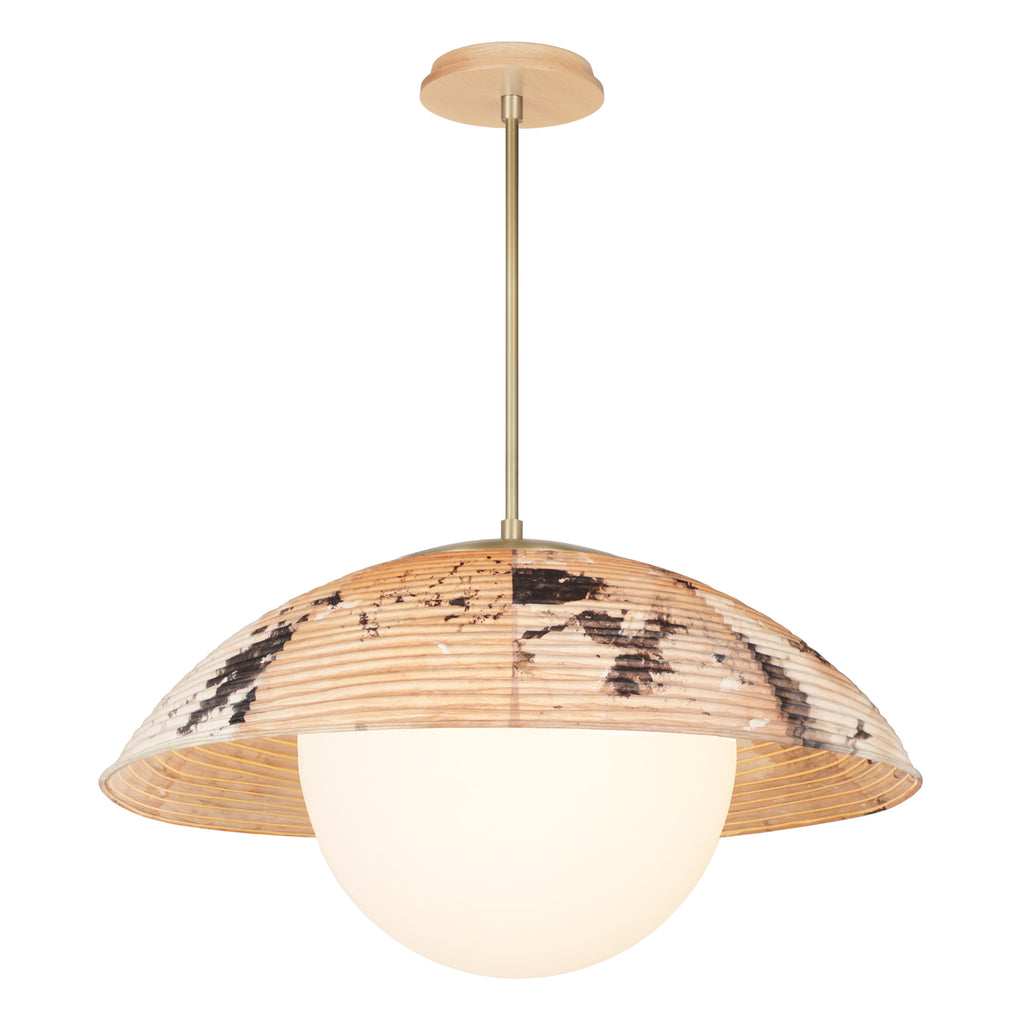 Maru Pendant with a Hand-painted shade shown in Kakishibu with Brass and a Maple Wood canopy