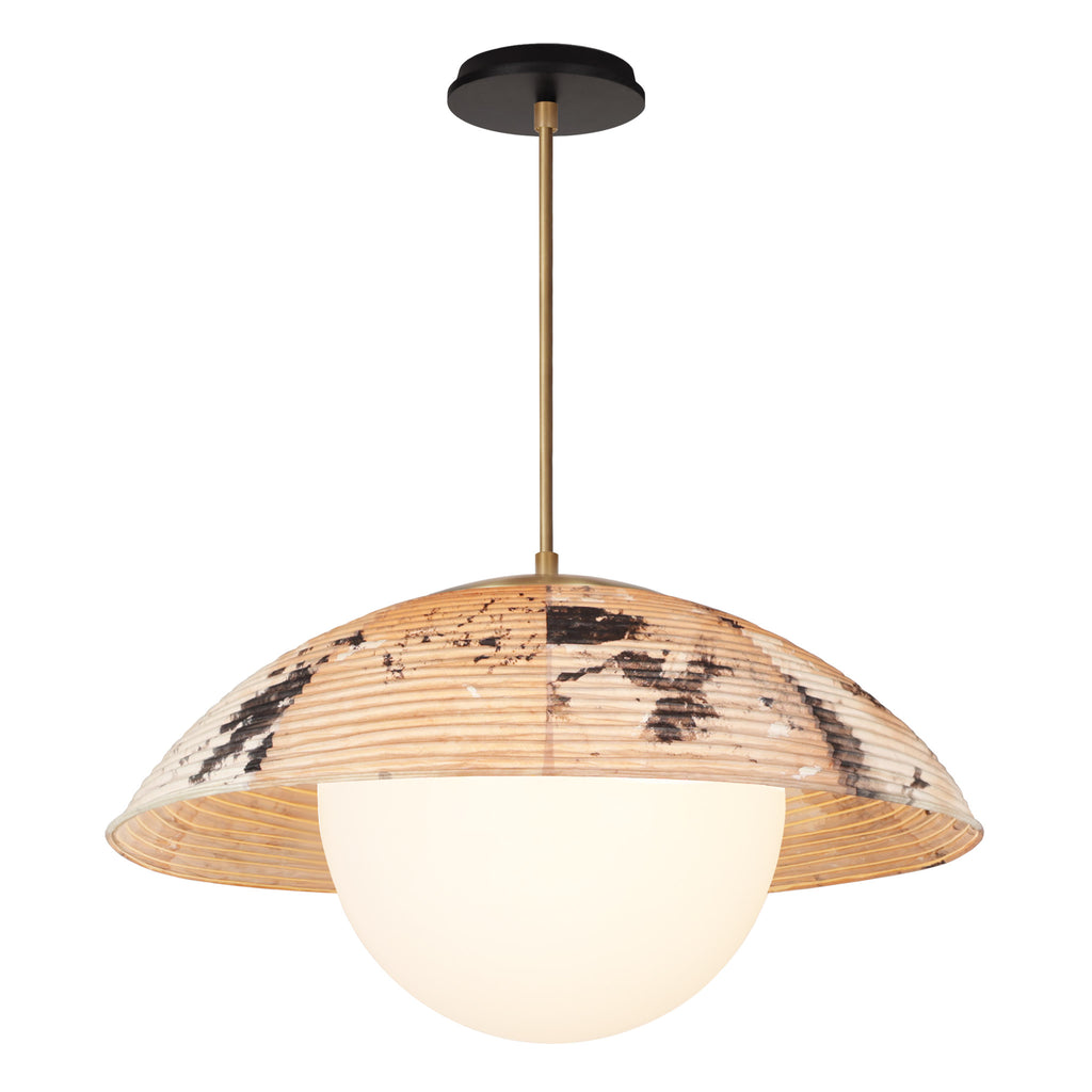 Maru Pendant with a Hand-painted shade shown in Kakishibu with Heirloom Brass and a Black Stained Wood canopy