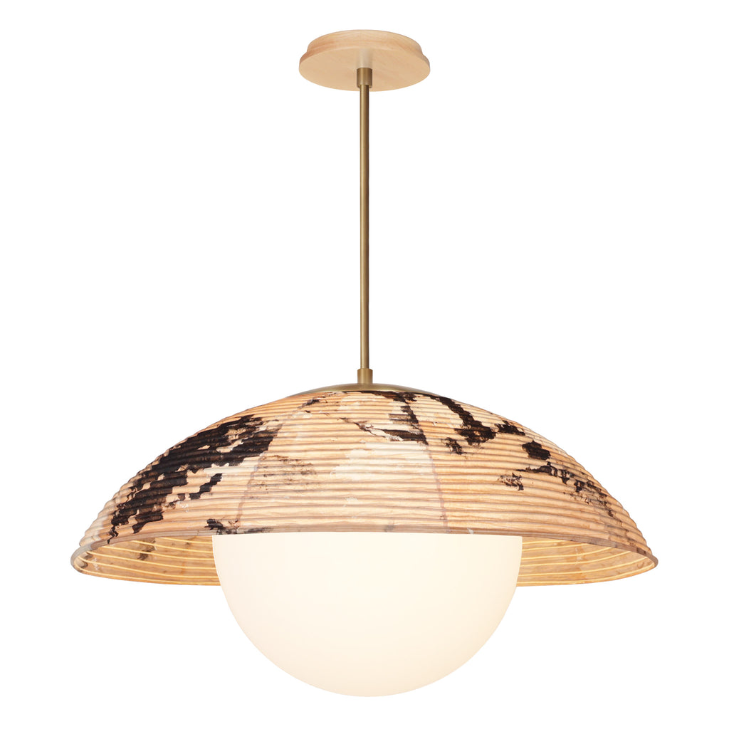 Maru Pendant with a Hand-painted shade shown in Kakishibu with Heirloom Brass and a Maple Wood canopy