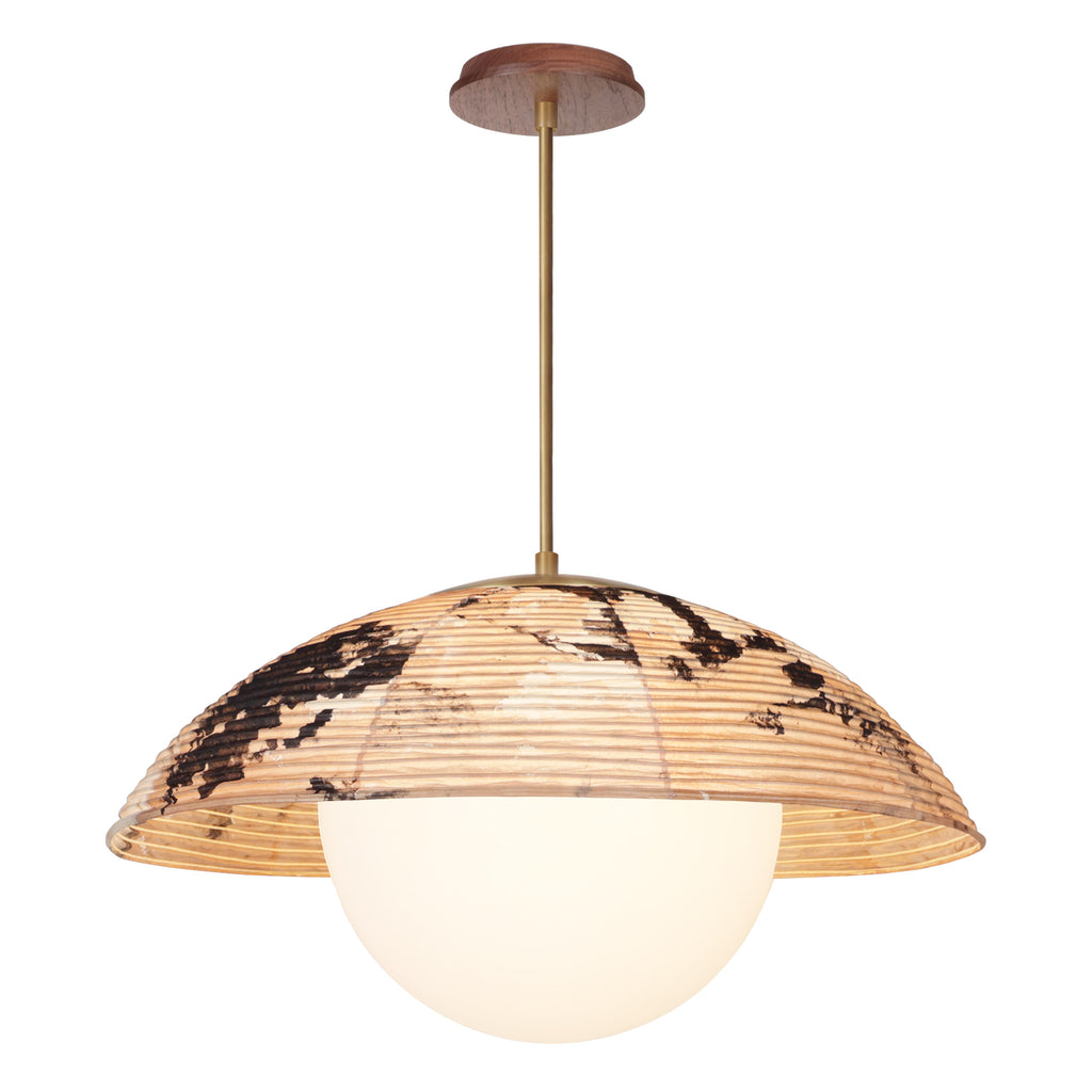 Maru Pendant with a Hand-painted shade shown in Kakishibu with Heirloom Brass and a Walnut Wood canopy