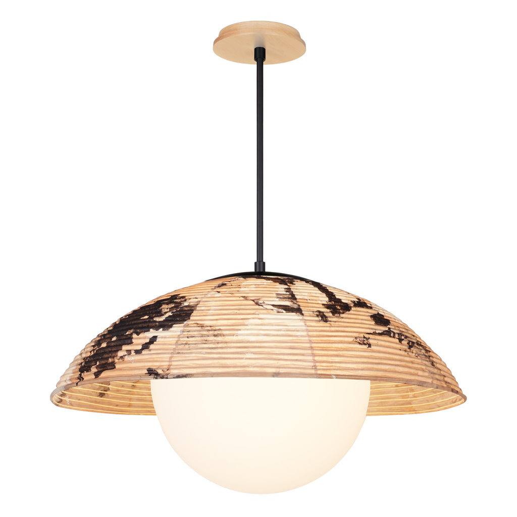 Maru Pendant with a Hand-painted shade shown in Kakishibu with Matte Black and a Maple Wood canopy