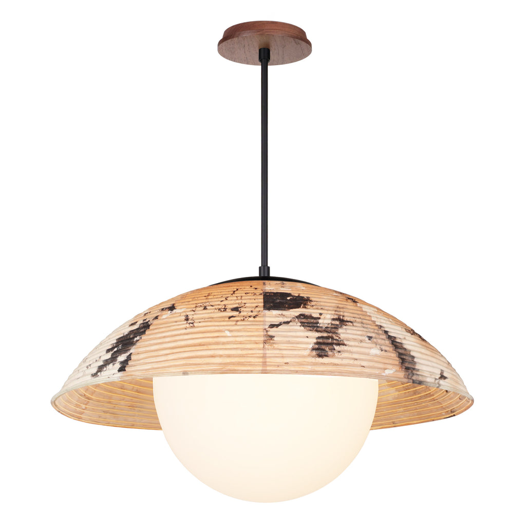 Maru Pendant with a Hand-painted shade shown in Kakishibu with Matte Black and a Walnut Wood canopy