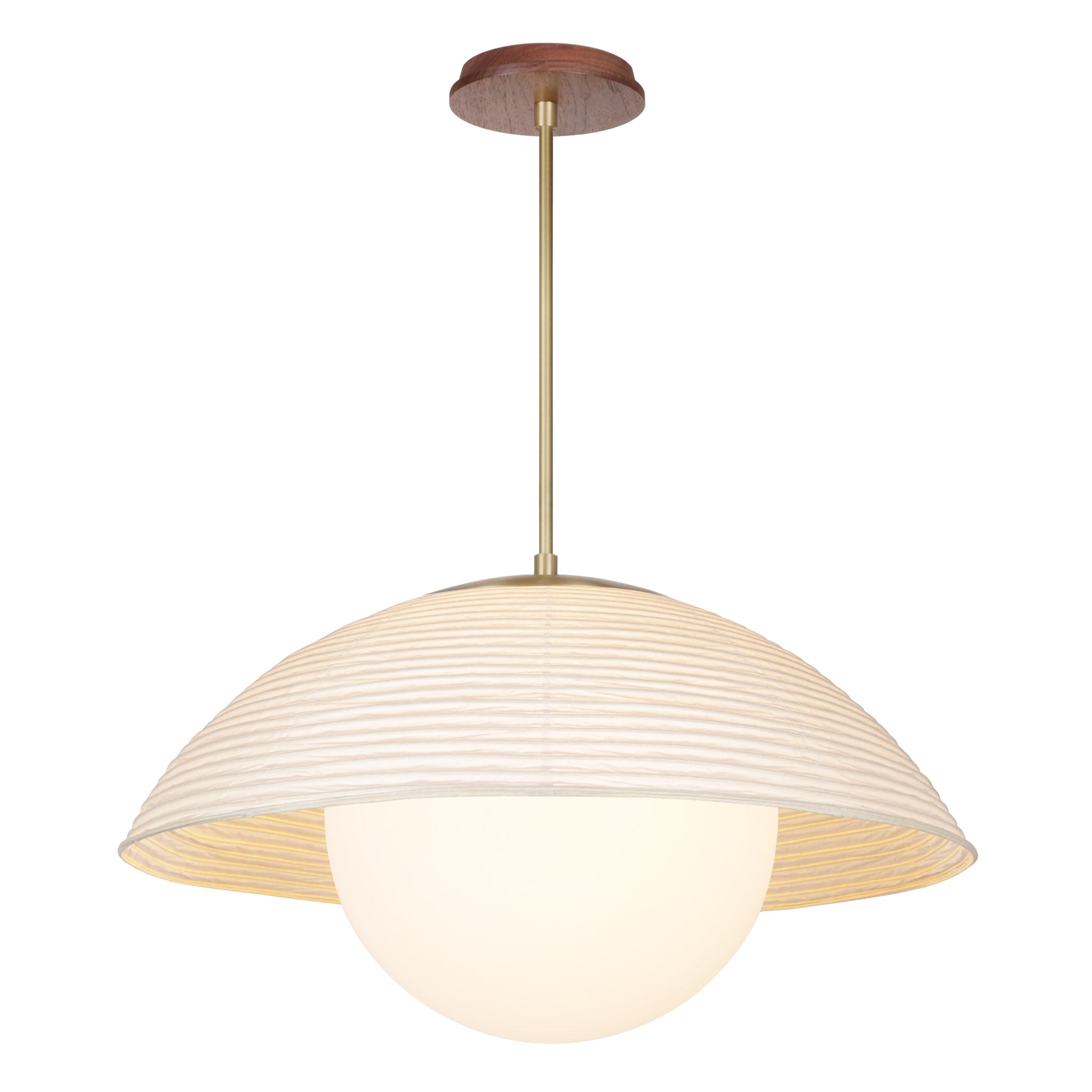 Maru Pendant with a Natural shade shown in Heirloom Brass with a Walnut Wood canopy