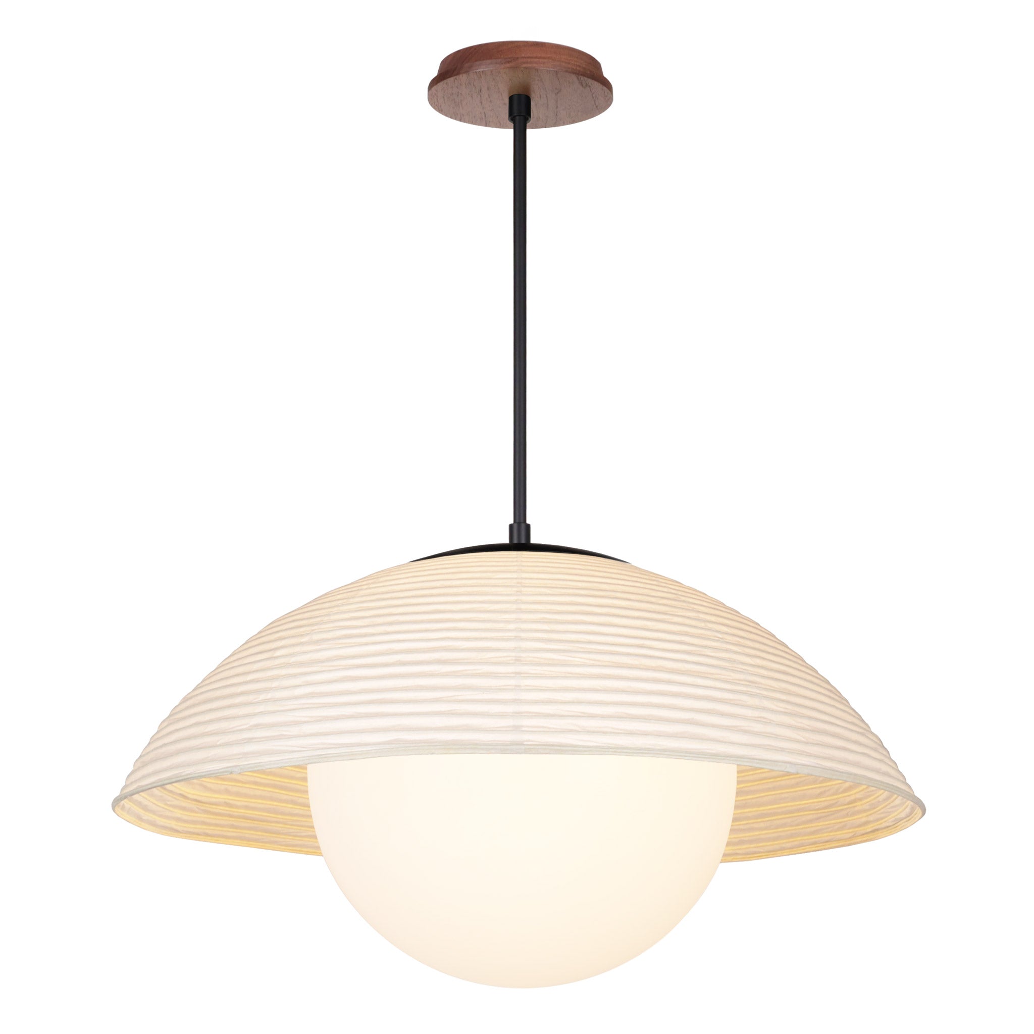 Maru Pendant with a Natural shade shown in Matte Black with a Walnut Wood canopy