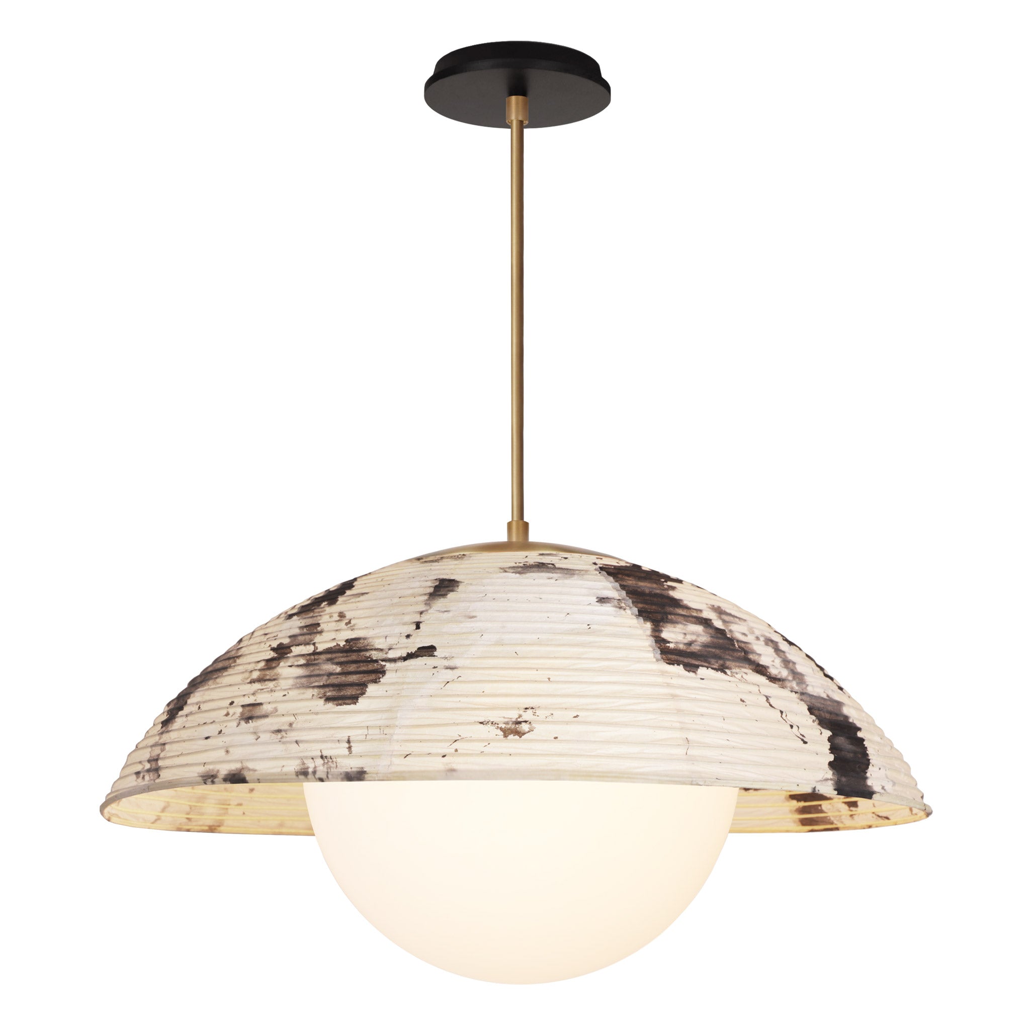 Maru Pendant with a Sumi Shade shown in Heirloom Brass with a Black Stained Wood canopy