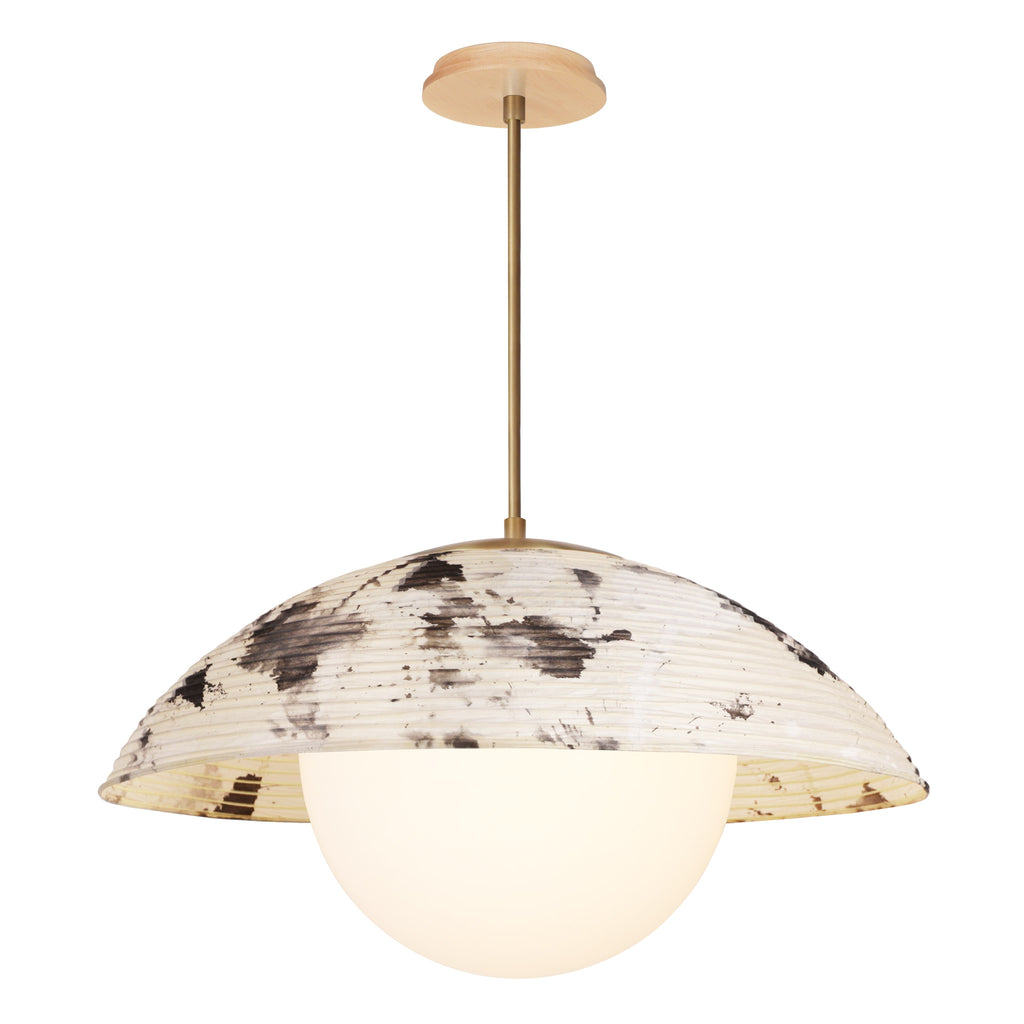Maru Pendant with a Sumi Shade shown in Heirloom Brass with a Maple Wood canopy