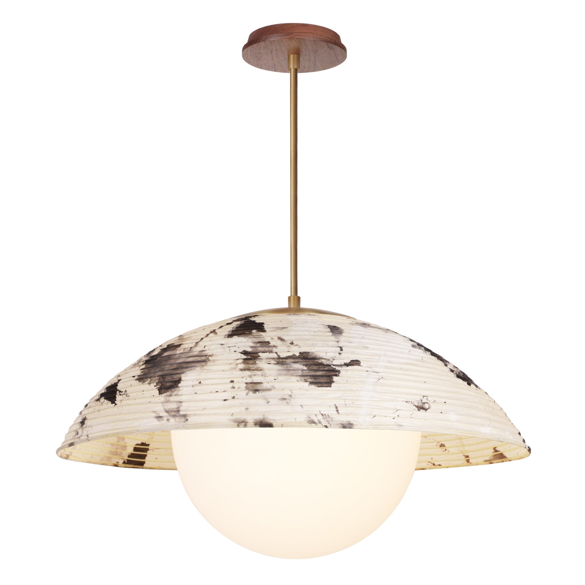 Maru Pendant with a Sumi Shade shown in Heirloom Brass with a Walnut Wood canopy