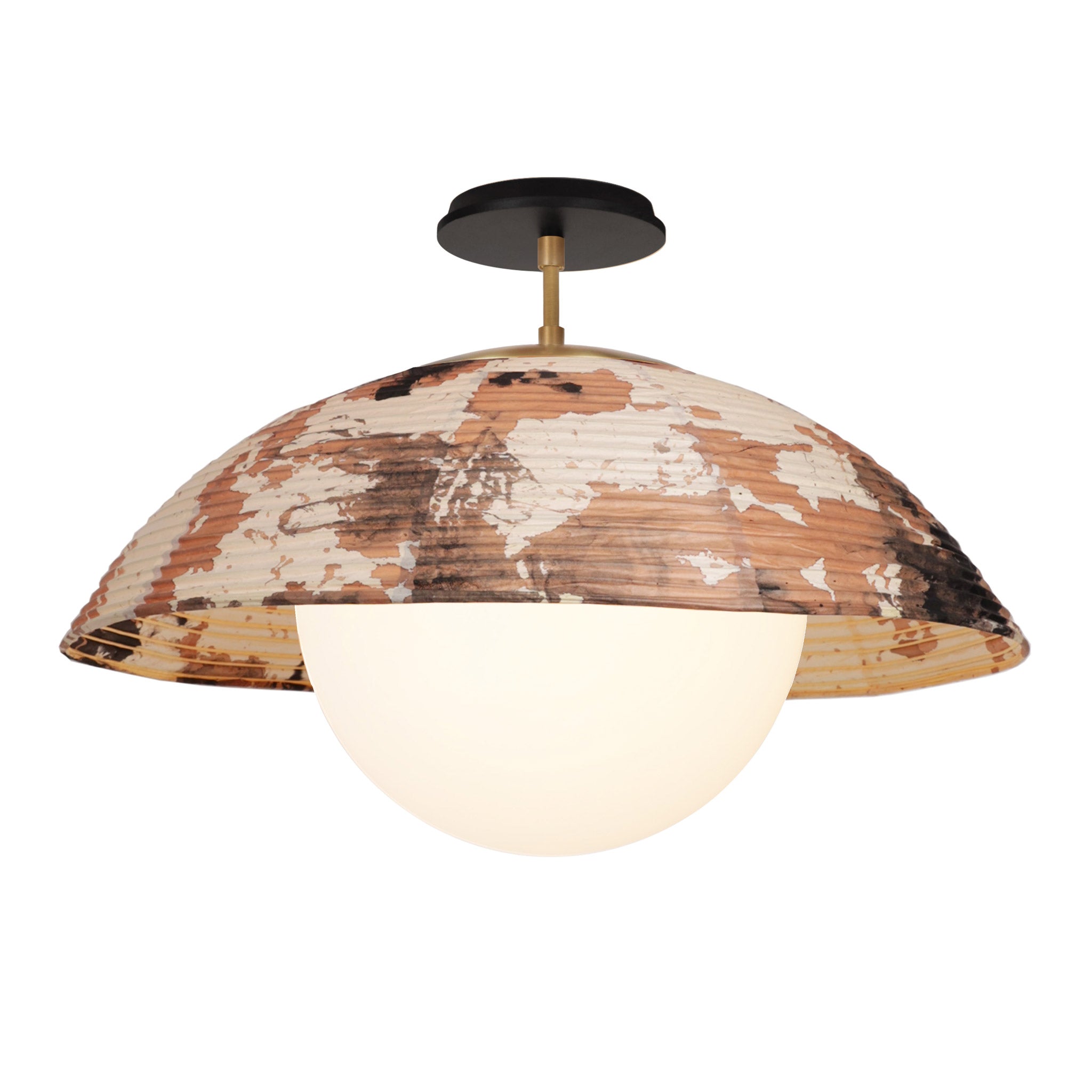 Maru Surface with a hand-painted chōchin washi shade shown in Kakishibu with Heirloom Brass and a Black Stained Wood canopy