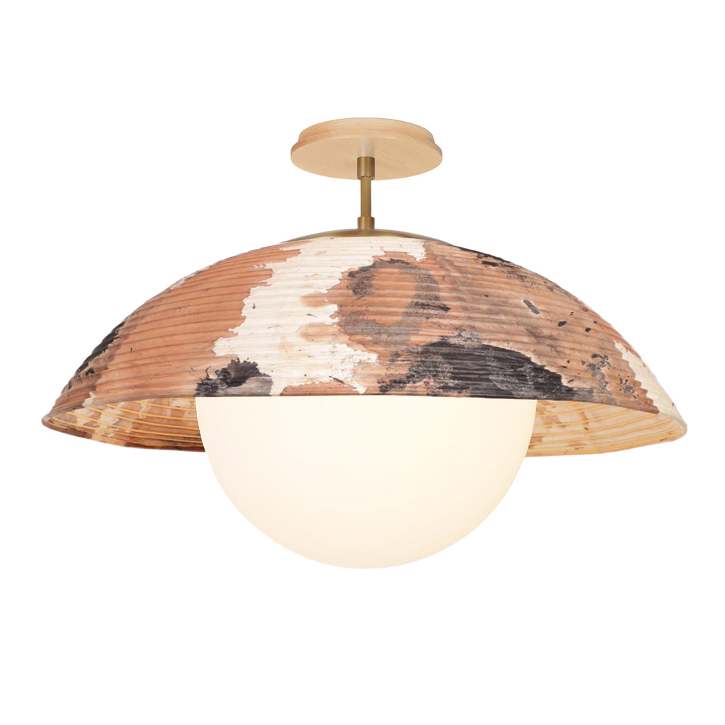 Maru Surface with a hand-painted chōchin washi shade shown in Kakishibu with Heirloom Brass and a Maple Wood canopy