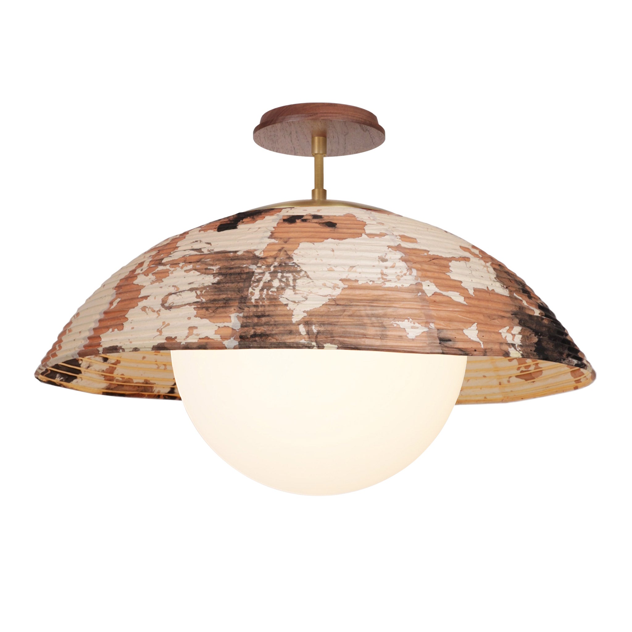 Maru Surface with a hand-painted chōchin washi shade shown in Kakishibu with Heirloom Brass and a Walnut Wood canopy