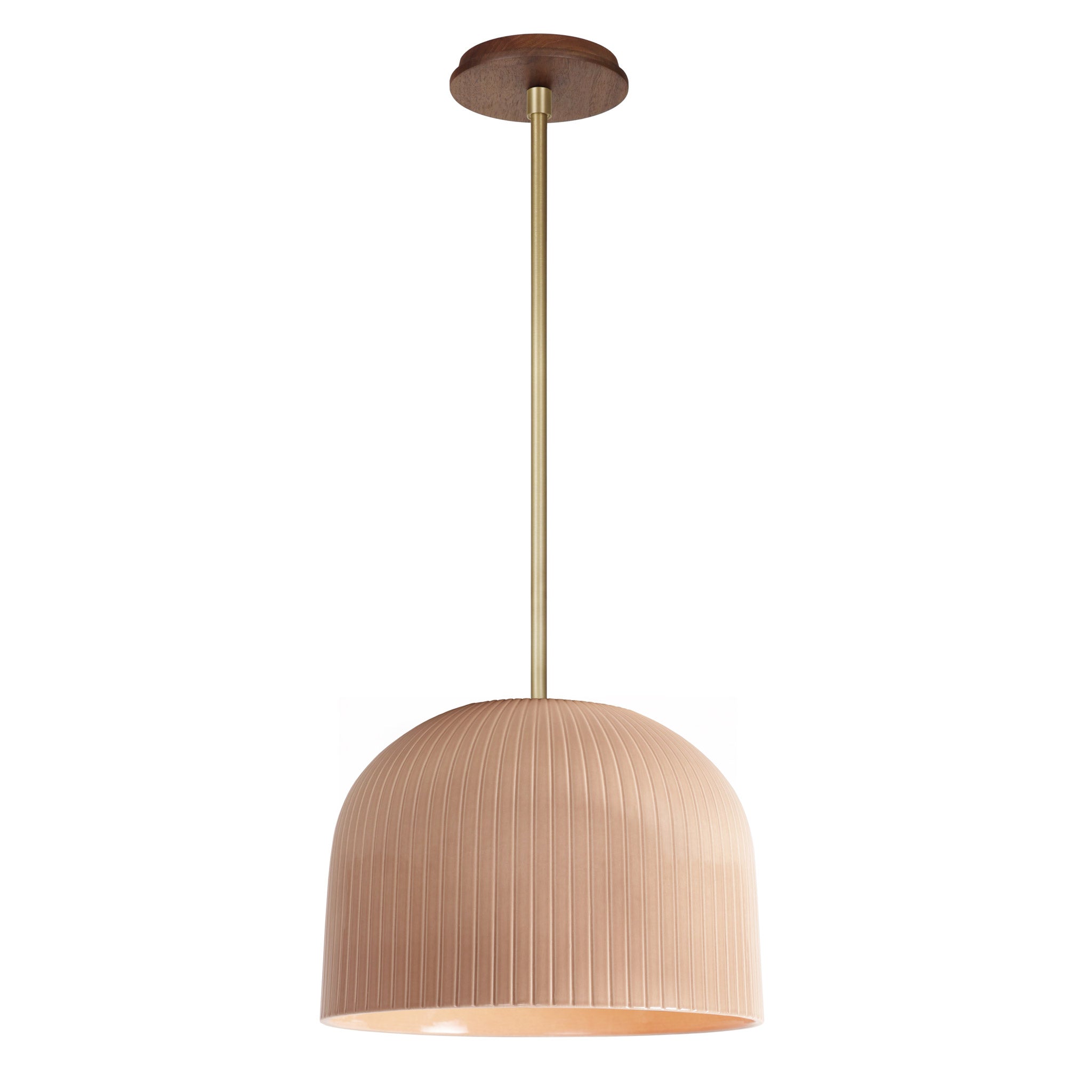 Morgan Pendant shown in Gloss Dusty Rose Glaze and Brass with a Walnut Wood Canopy