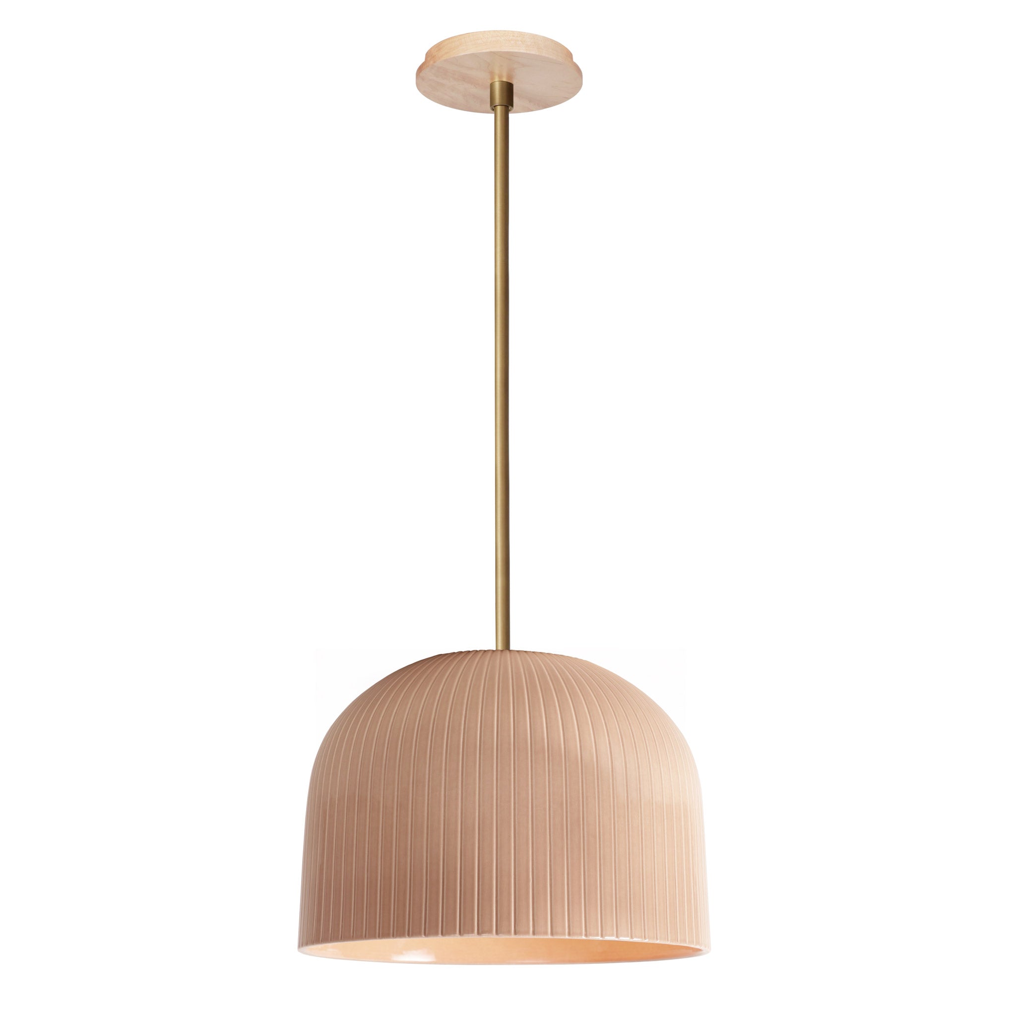 Morgan Pendant shown in Gloss Dusty Rose Glaze and Heirloom Brass with a Maple Wood Canopy
