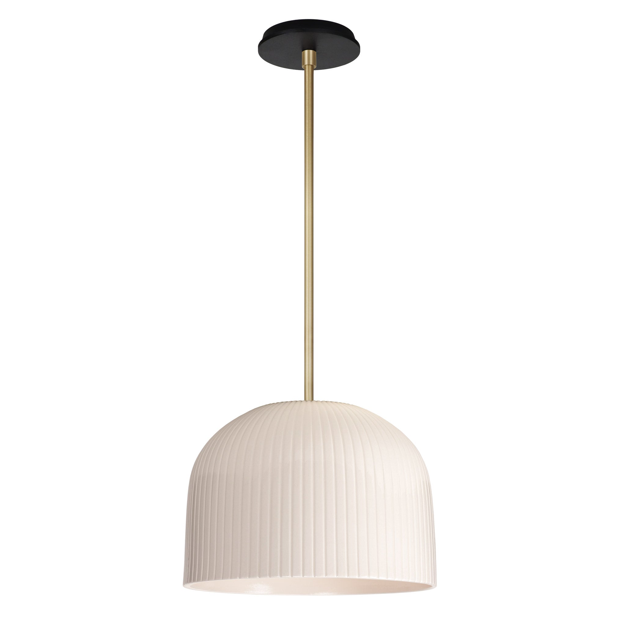 Morgan Pendant shown in Gloss White Glaze and Brass with a Black Stained Wood Canopy
