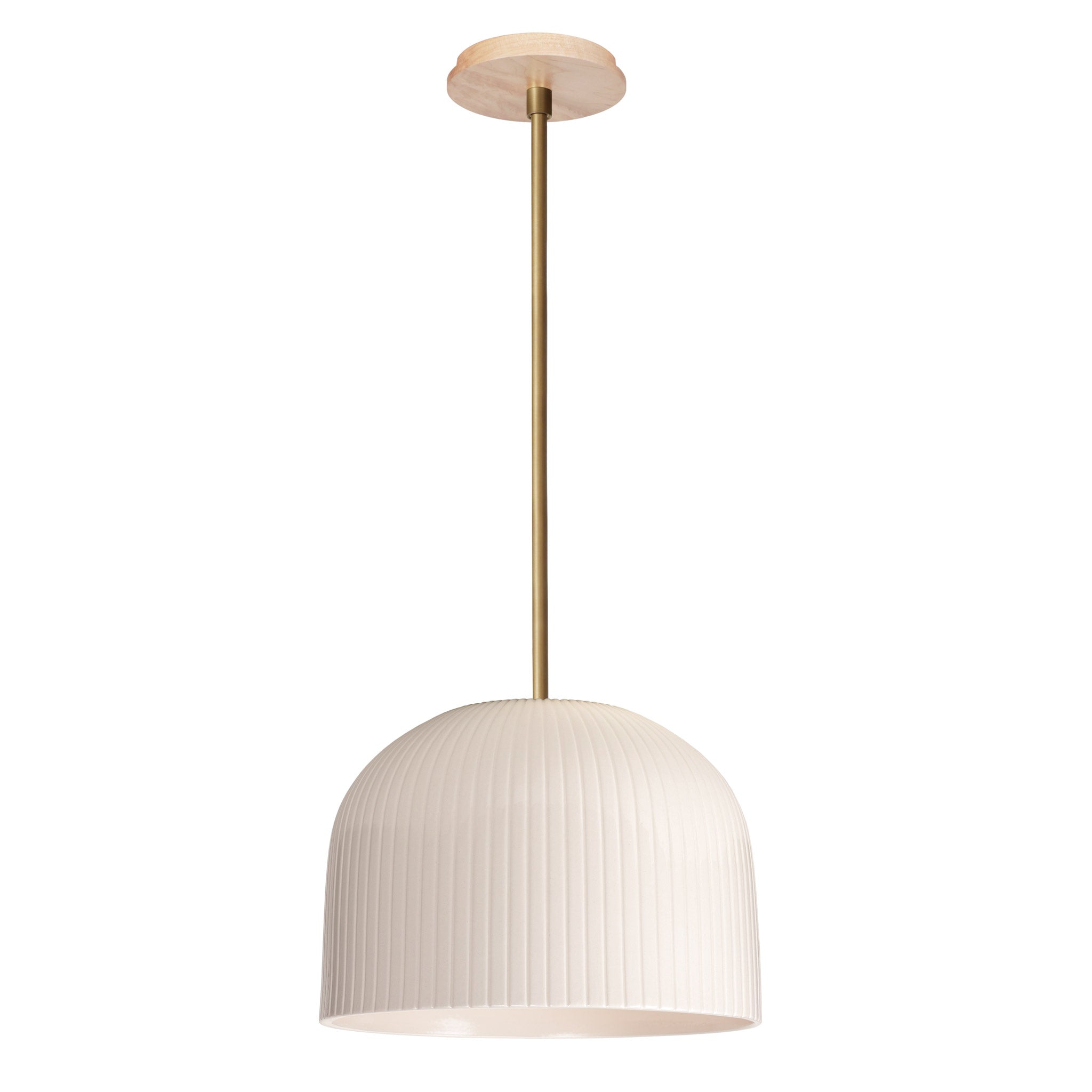 Morgan Pendant shown in Gloss White Glaze and Heirloom Brass with a Maple Wood Canopy