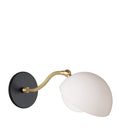 Noor Curve Sconce shown with a White Opal Acrylic Shade, Brass Arm and Matte Black Canopy