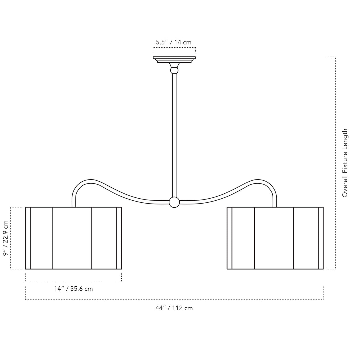 Cedar & Moss Oxford Grand Double Pendant with 14" scallop linen shades drawing with dimensions