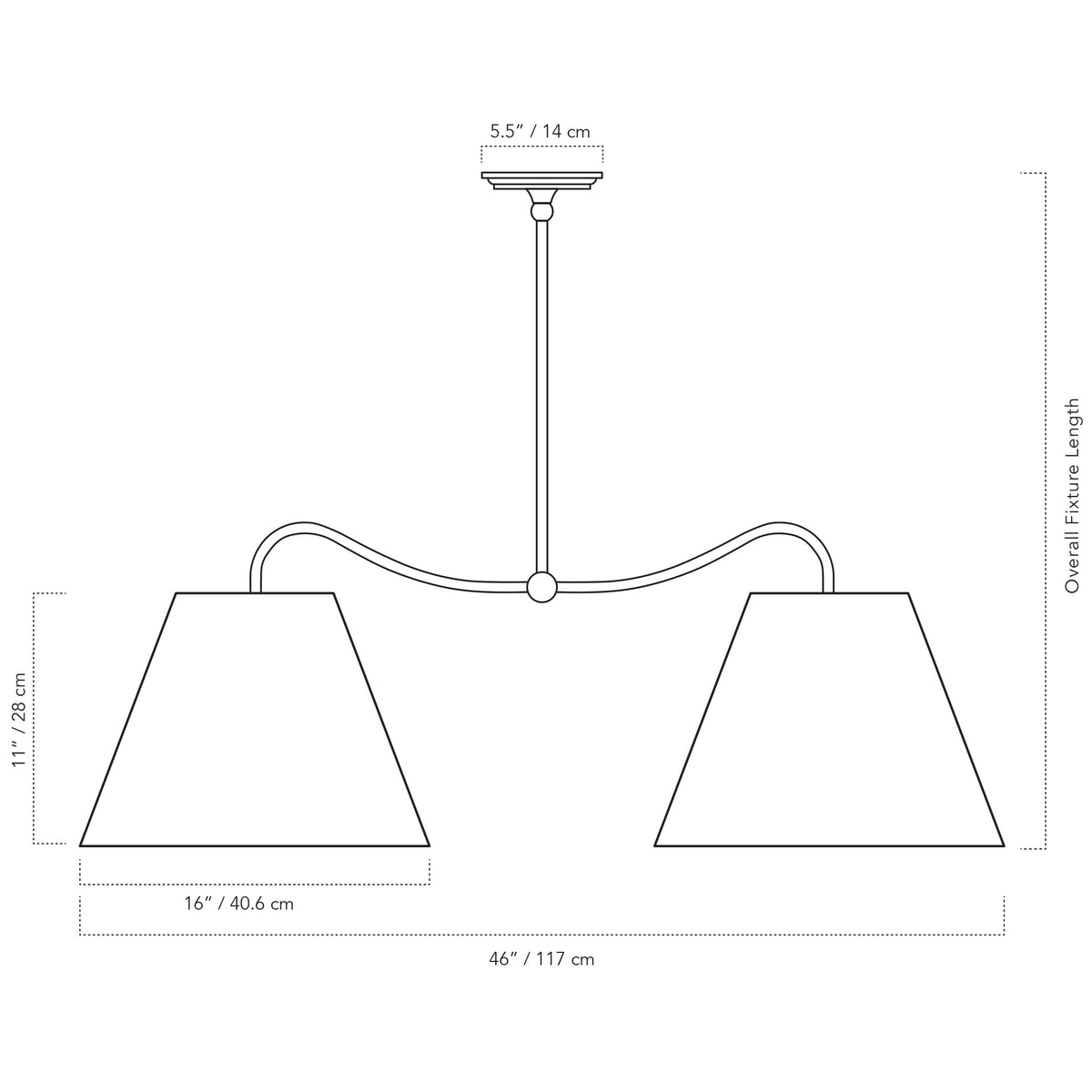 Cedar & Moss Oxford Grand Double Pendant with 16" empire linen shades drawing with dimensions