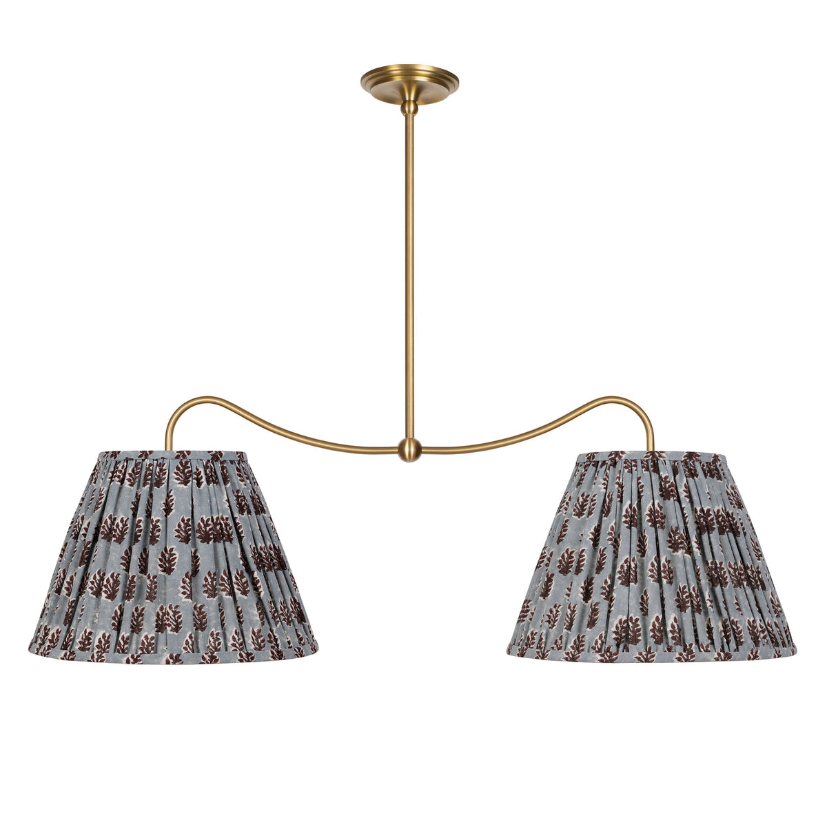 Oxford Grand Double Pendant shown in Heirloom Brass with Trulli Auburn Shades