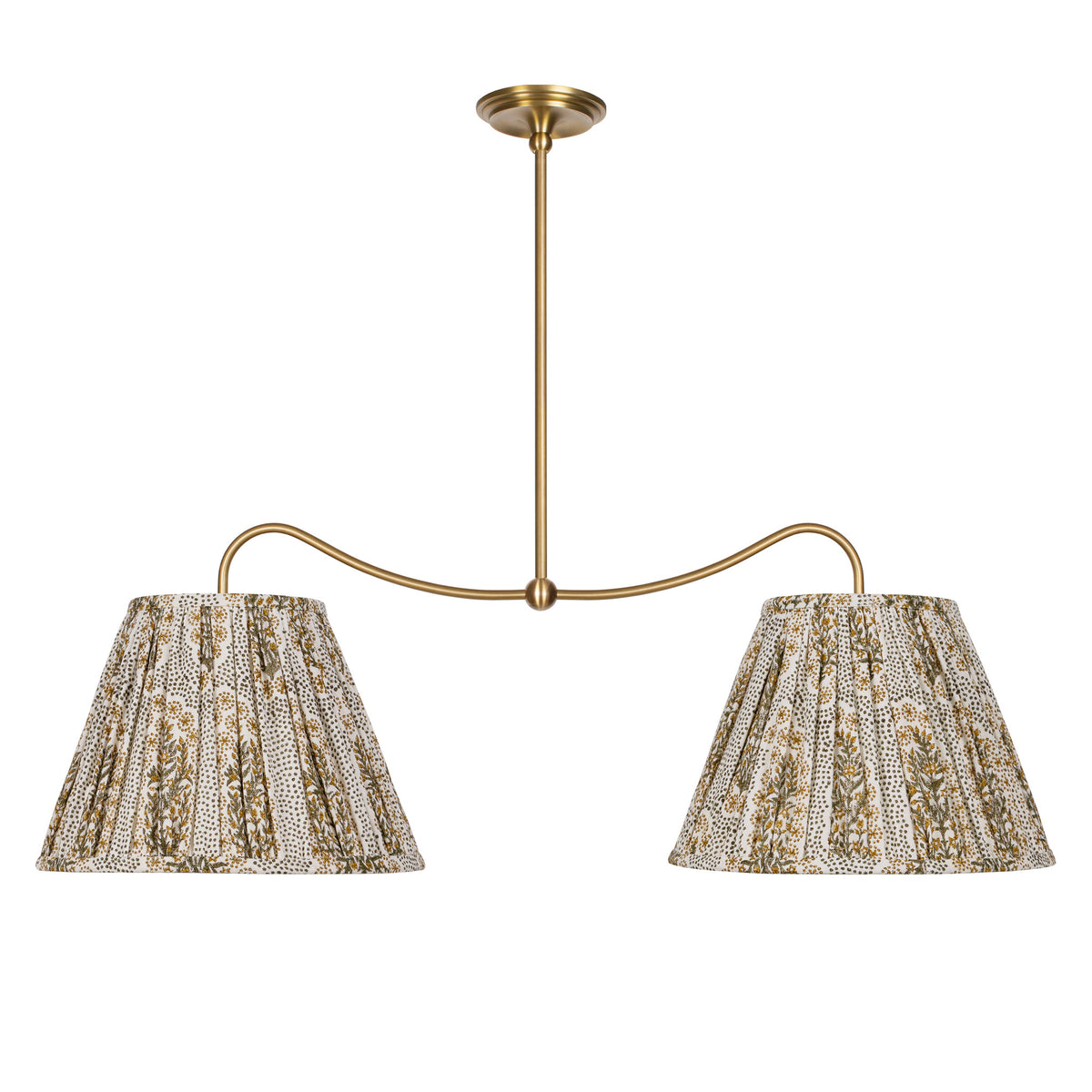 Oxford Grand Double Pendant shown in Heirloom Brass with Winfleur Mustard Shades