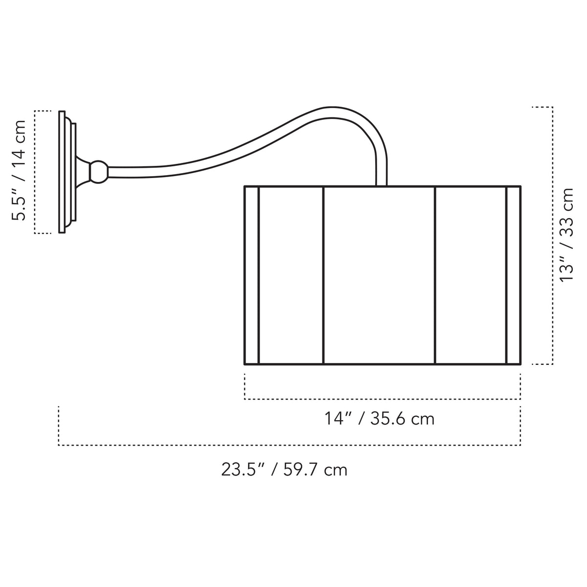 Cedar & Moss Oxford Grand Sconce with a 14" scalloped linen shade drawing with dimensions