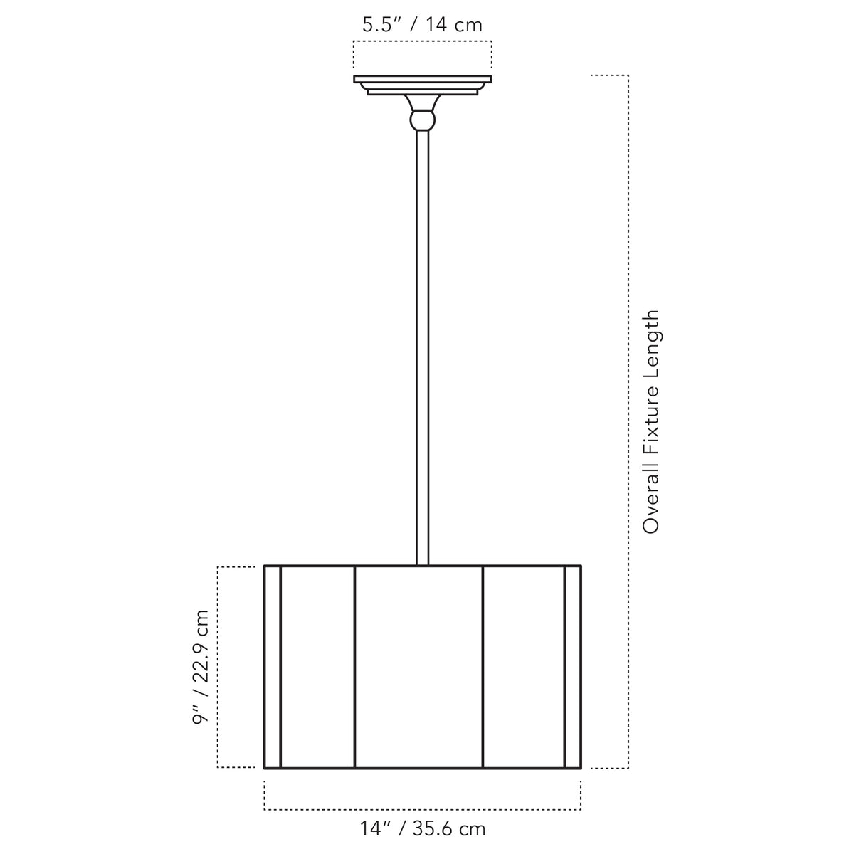 Cedar & Moss Oxford Pendant with a 14" scalloped linen shade drawing with dimensions