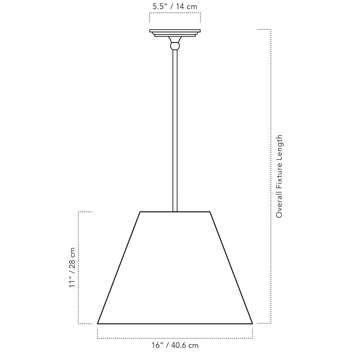 Cedar & Moss Oxford Pendant with a 16" empire linen shade technical drawing with dimensions