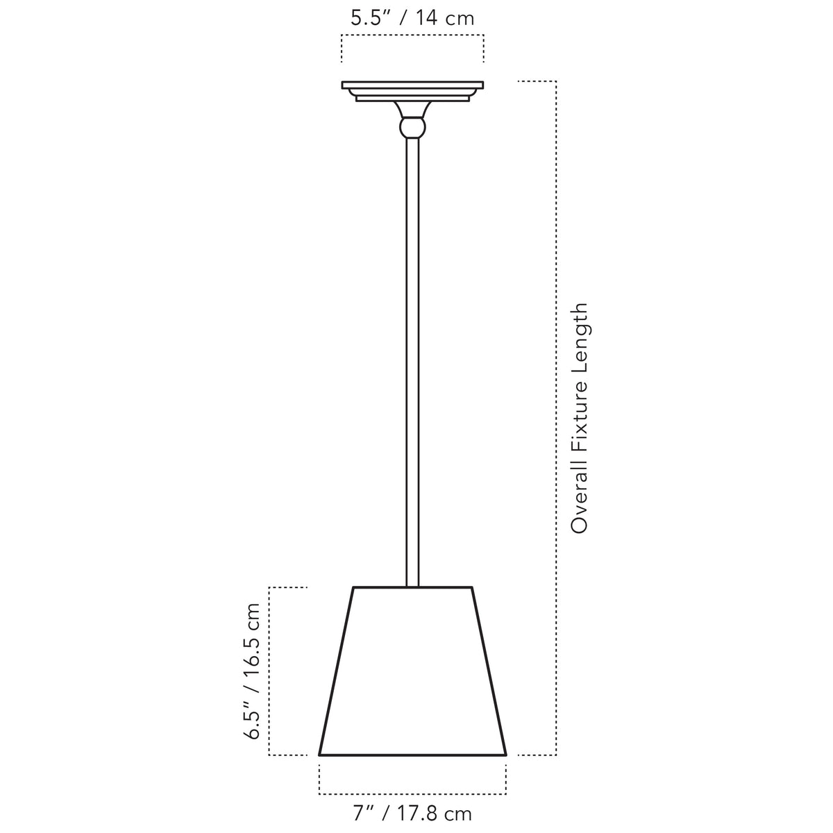 Cedar & Moss Oxford Pendant with a 7" empire linen shade technical drawing with dimensions