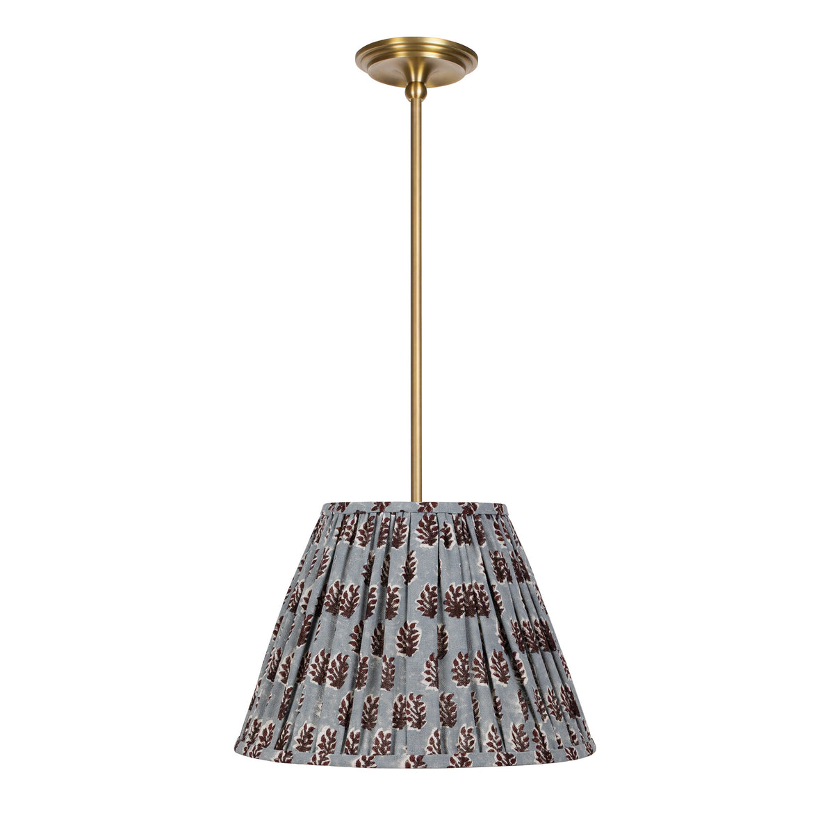 Oxford Pendant shown in Heirloom Brass with a Trulli Auburn Shade