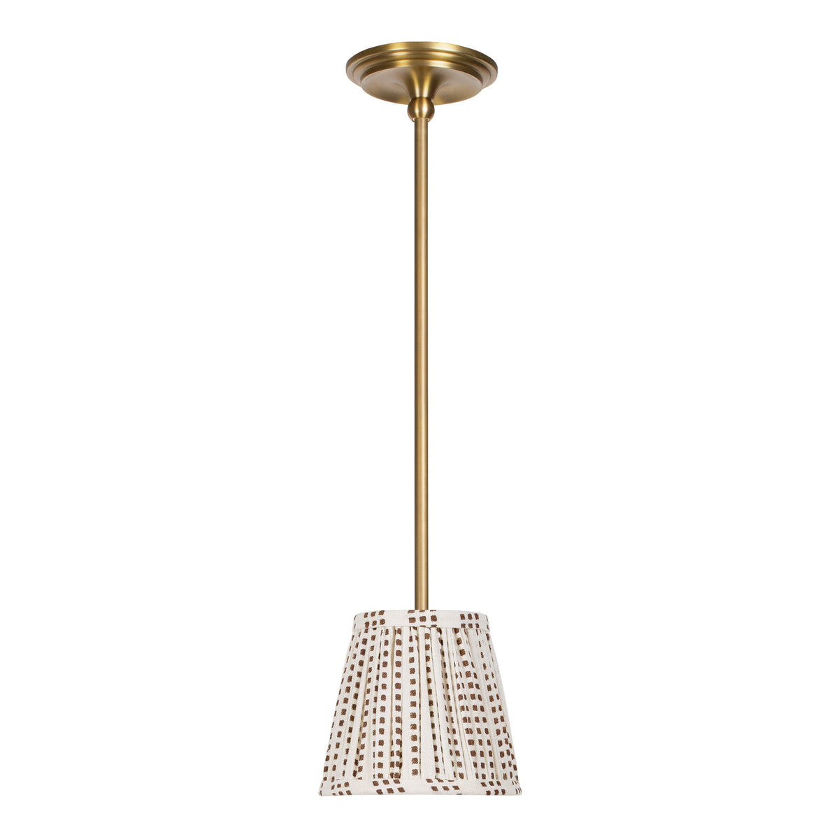 Oxford Pendant shown in Heirloom Brass with an Aspen Coco Shade