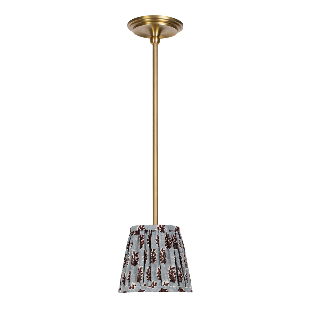 Oxford Pendant shown in Heirloom Brass with a Trulli Auburn Shade