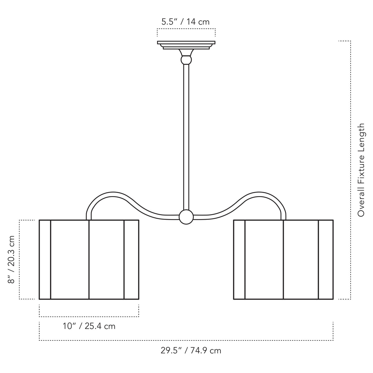 Cedar & Moss Oxford Petite Double Pendant with 10" scallop linen shades drawing with dimensions
