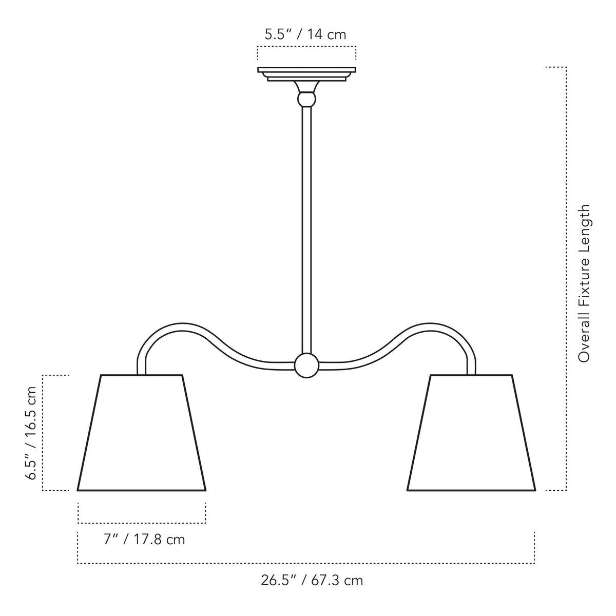 Cedar & Moss Oxford Petite Double Pendant with 7" empire linen shades drawing with dimensions