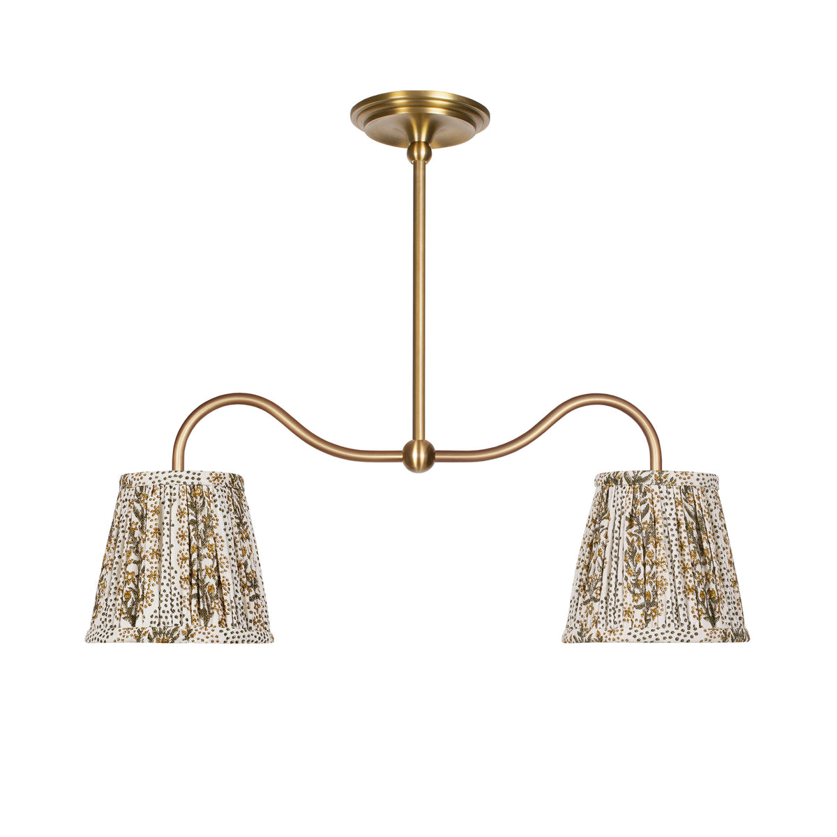 Oxford Petite Double Pendant shown in Heirloom Brass with Winfleur Mustard Shades