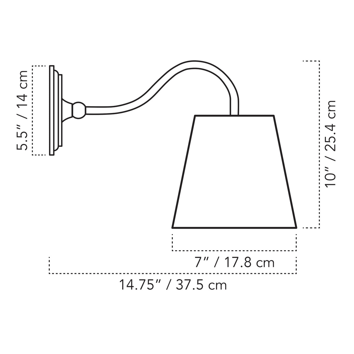 Cedar & Moss Oxford Petite Sconce with a 7" empire linen shade drawing with dimensions